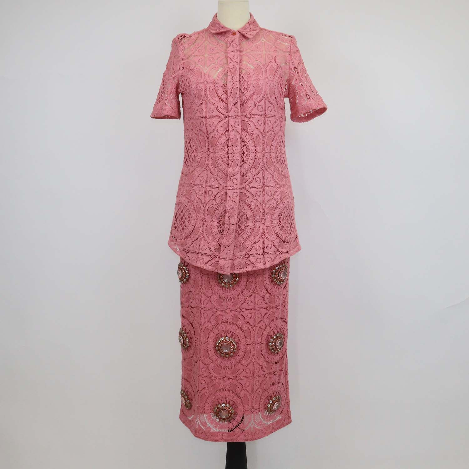 Burberry Pink Cotton Lace Shirt & Midi Skirt with Crystal Embellished Set