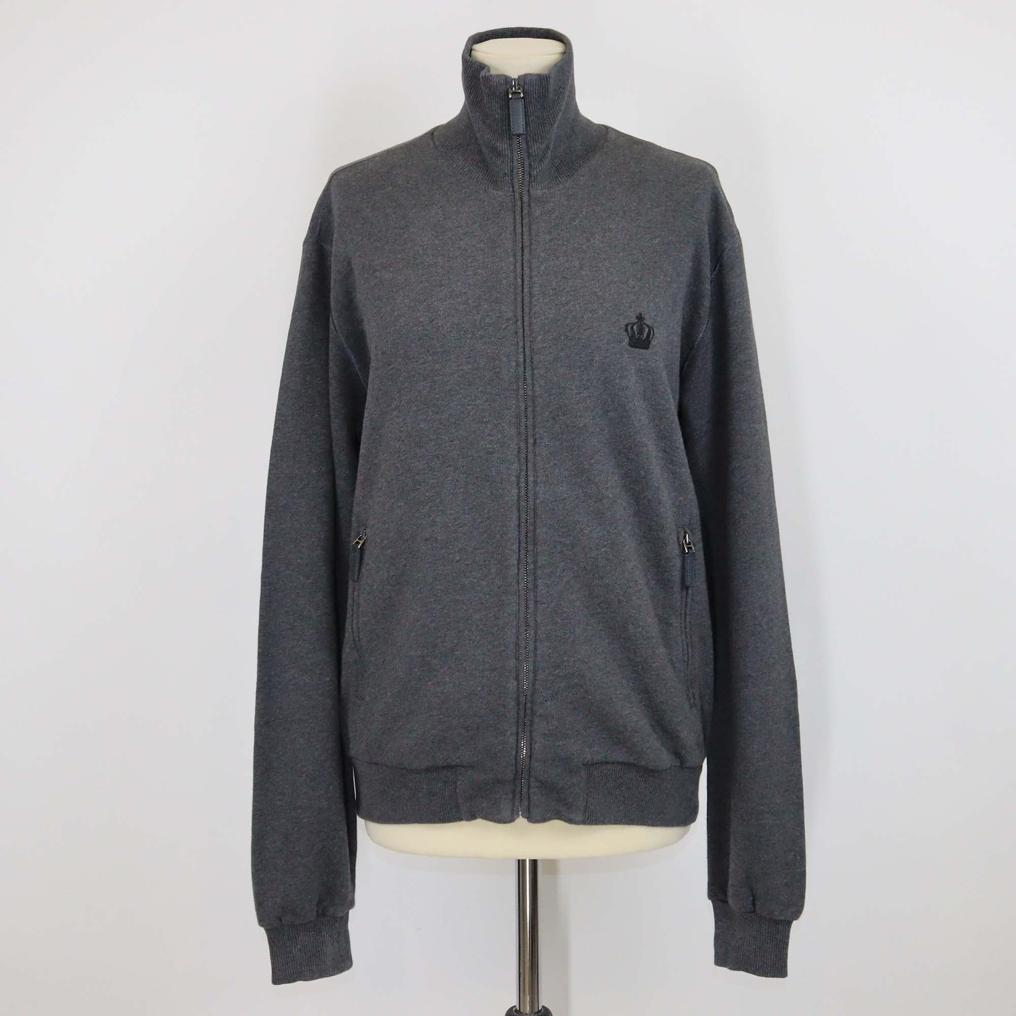 Dolce & Gabbana Dark Grey Cotton Crown Embroidered Zipped Up Jacket