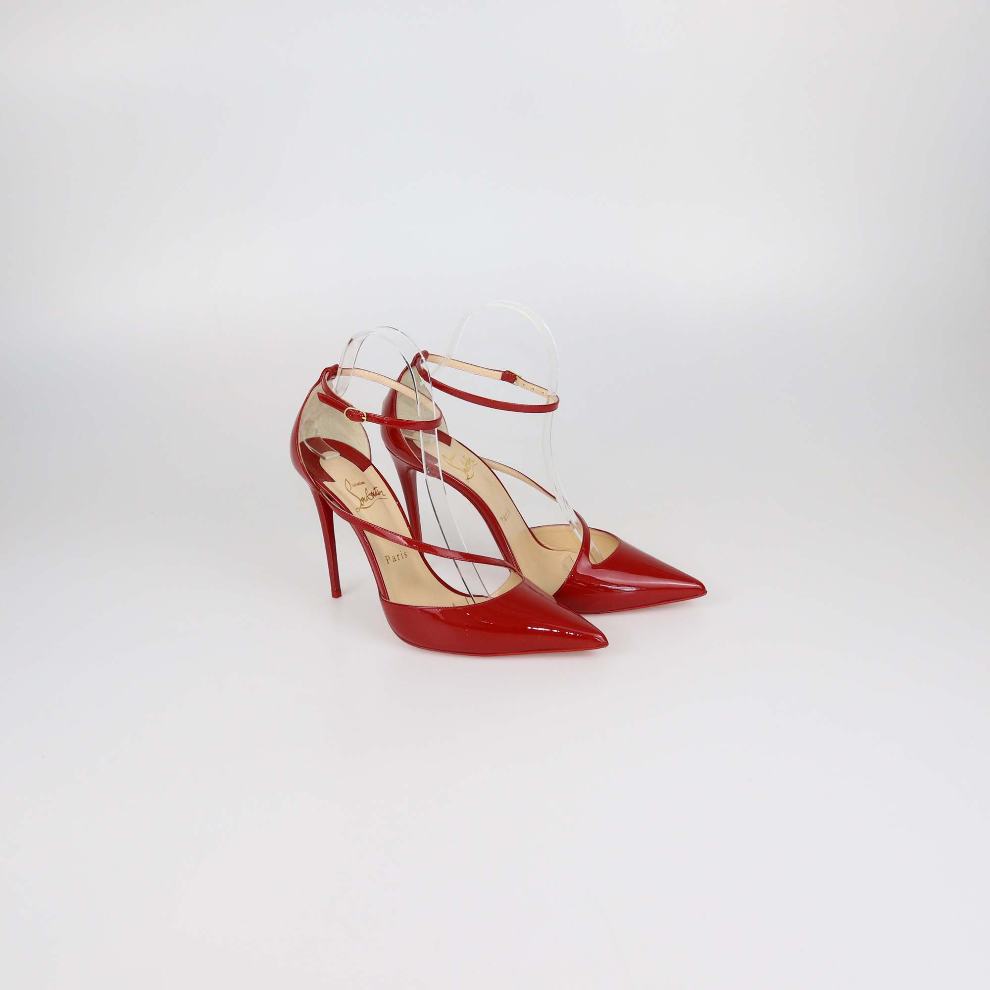 Christian Louboutin Red Patent Leather Fliketta Ankle Strap Pointed Toe Pumps