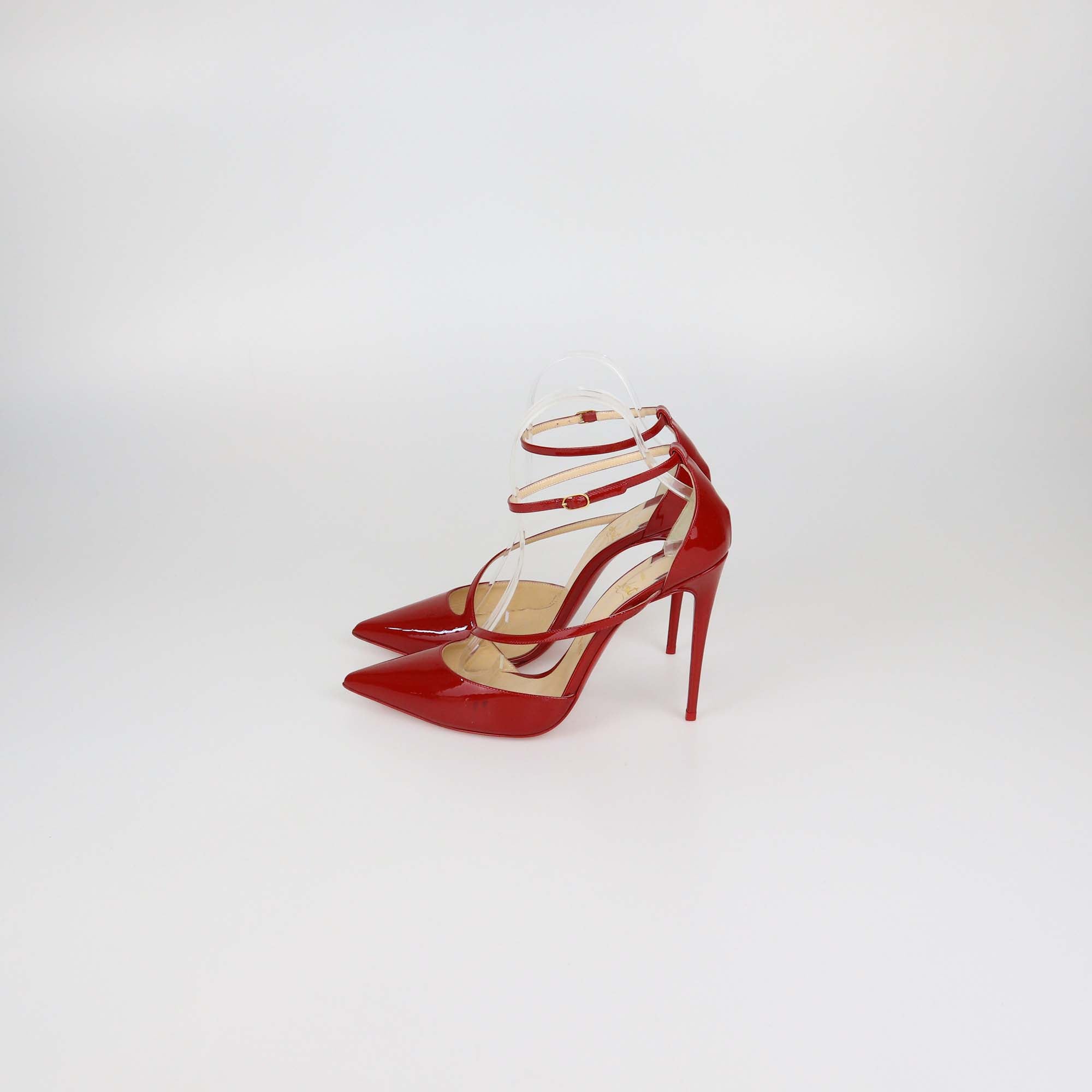 Christian Louboutin Red Patent Leather Fliketta Ankle Strap Pointed Toe Pumps