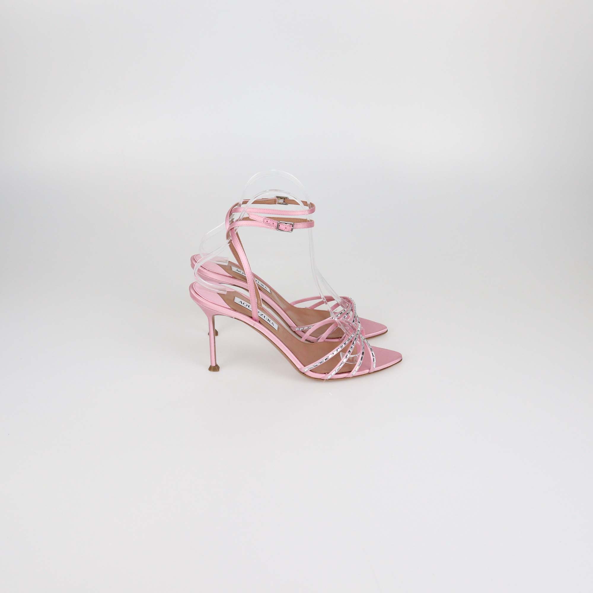 Aquazzura Pink Satin Crystal Embellished Tell Me Ankle Strap Sandals