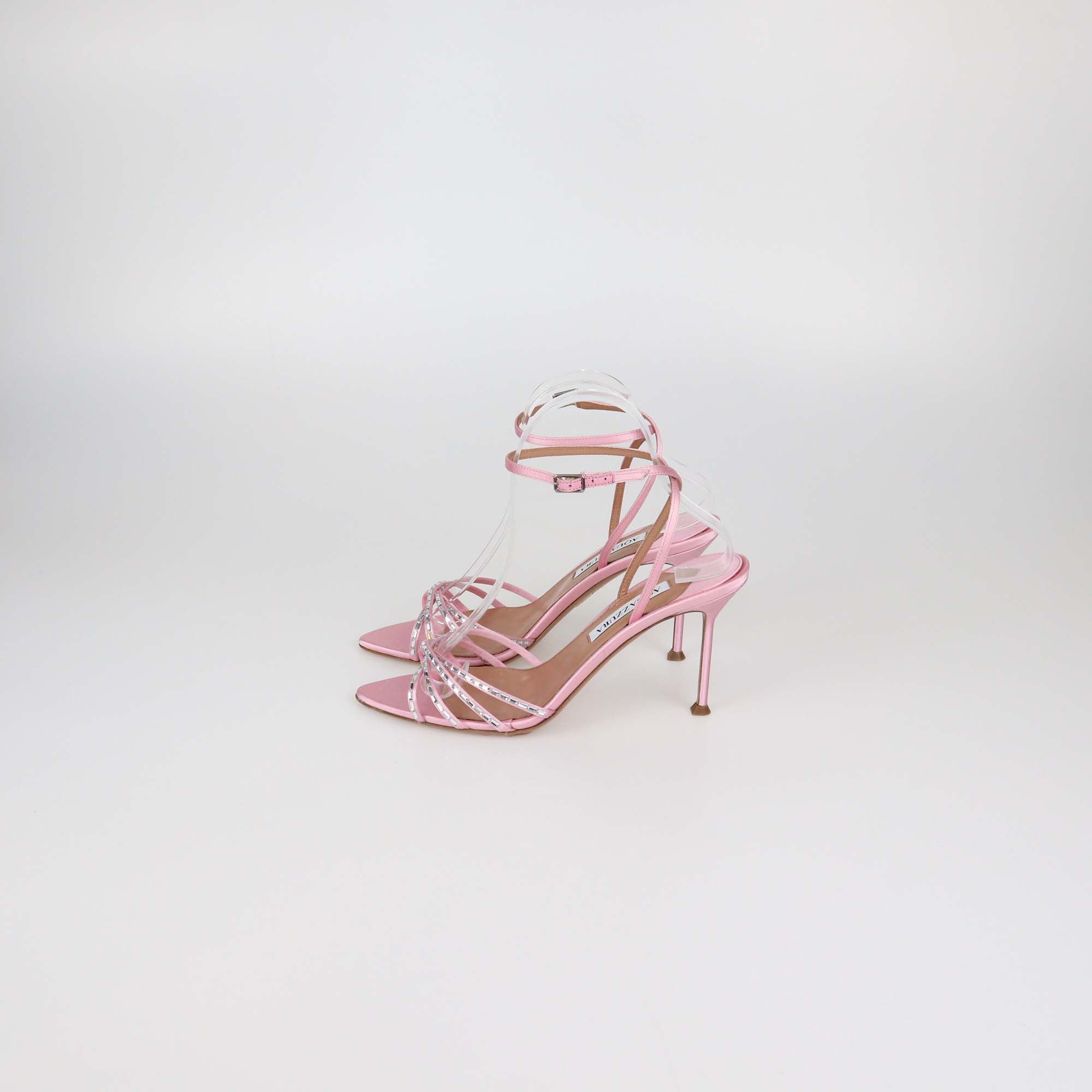 Aquazzura Pink Satin Crystal Embellished Tell Me Ankle Strap Sandals