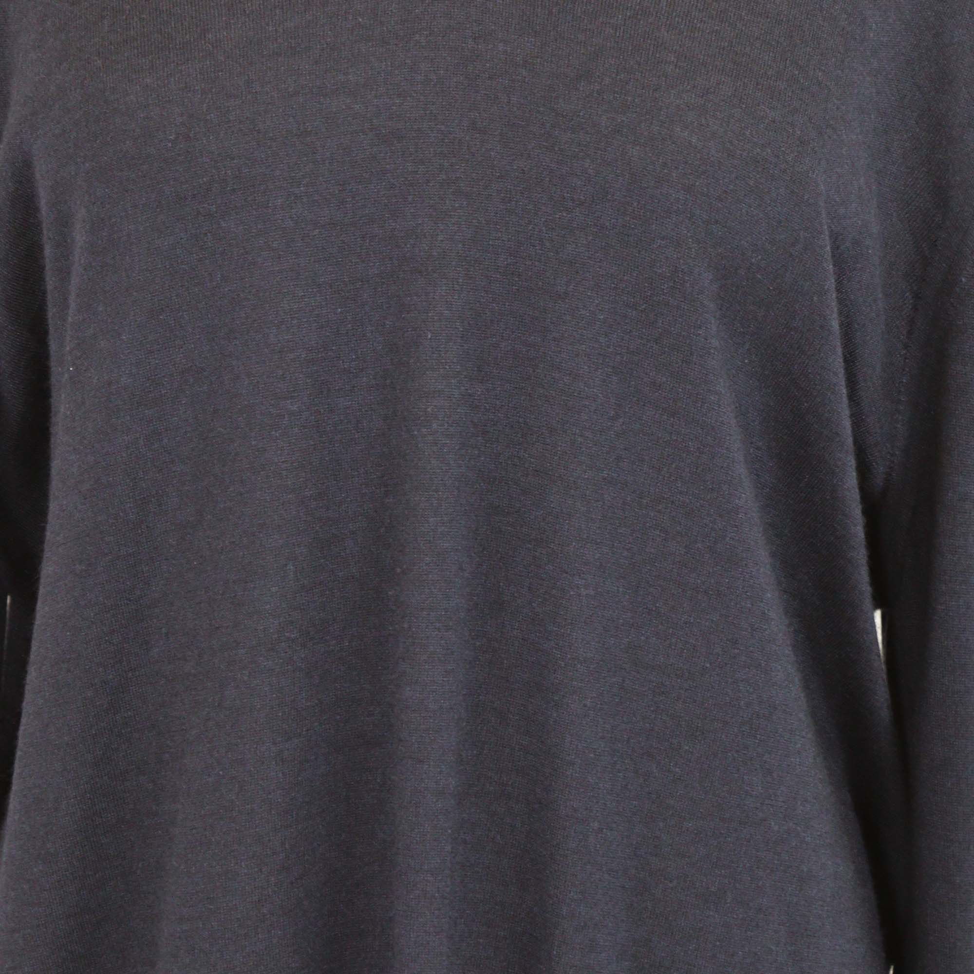 Hermes Navy Blue Cashmere & Silk V Neck Long Sleeve Sweater