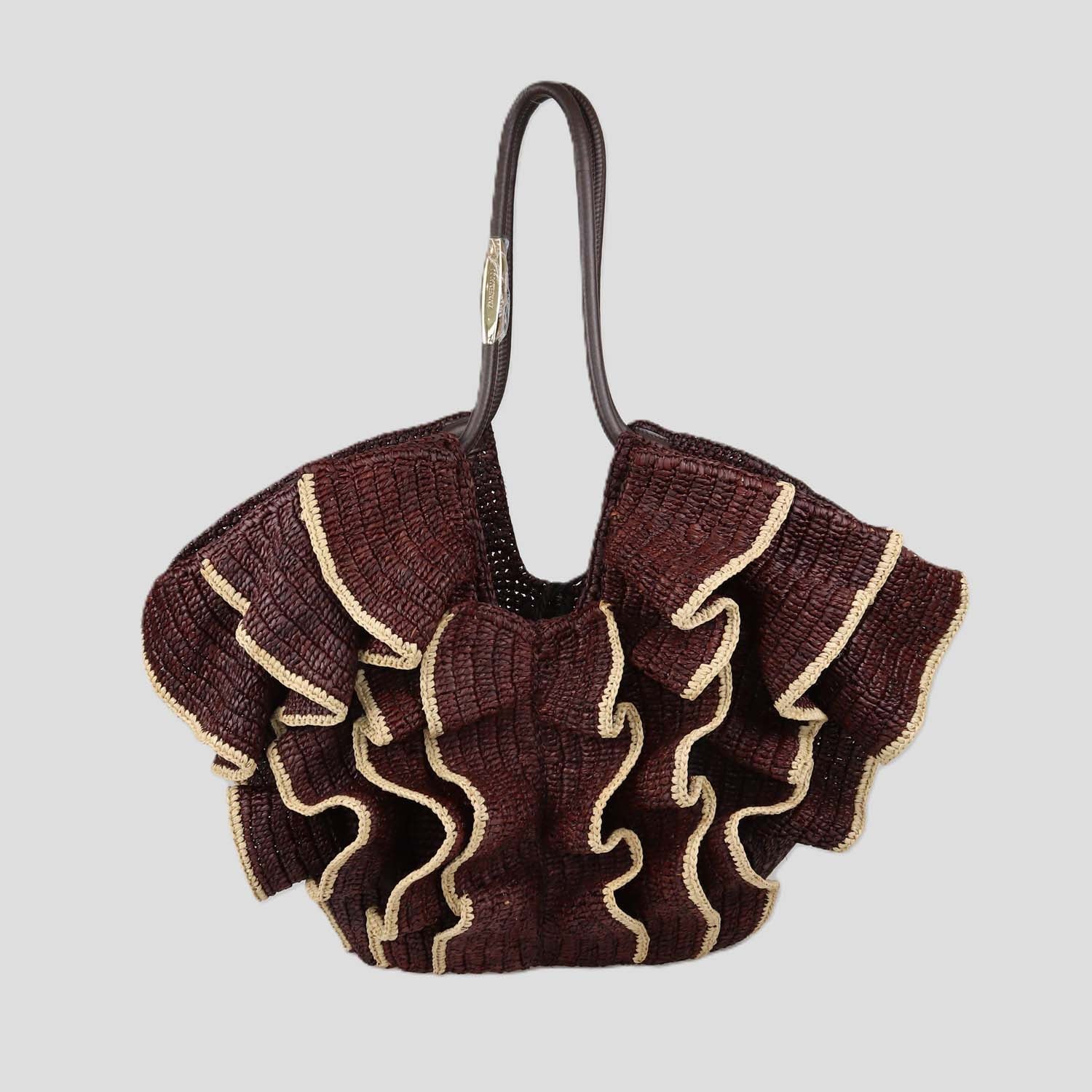 Zimmermann Chocolate Raffia Medium Goldentime Ruffle Tote
