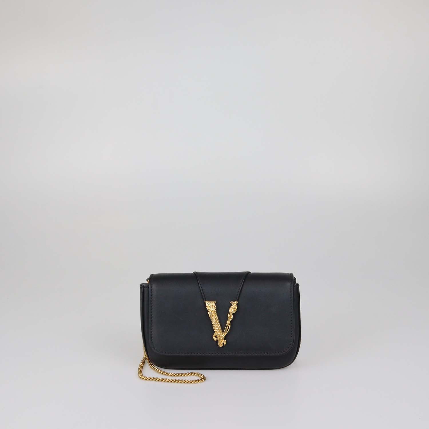 Versace Black Leather Flap Chain Clutch