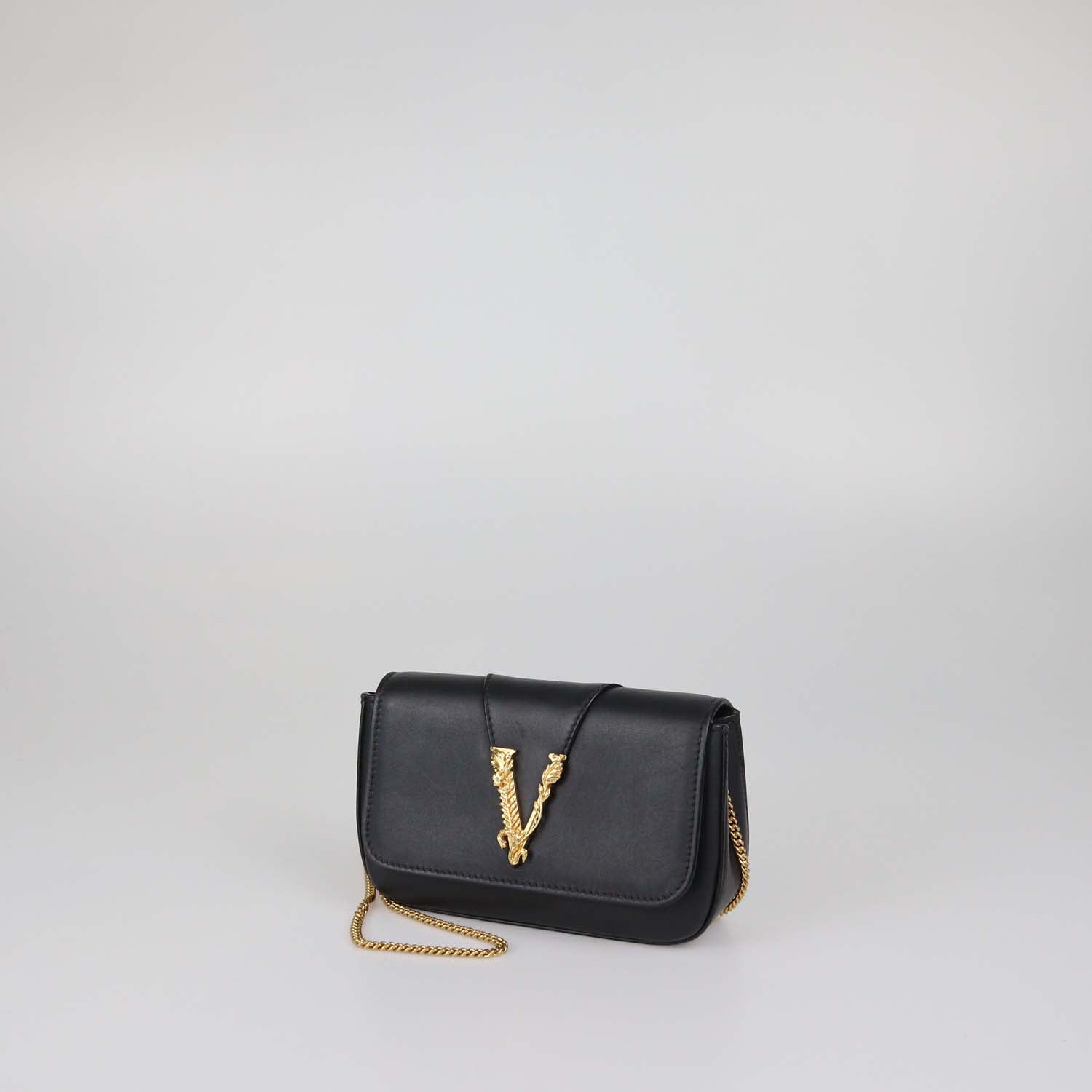 Versace Black Leather Flap Chain Clutch
