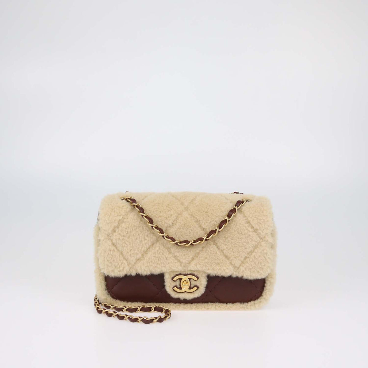 Chanel Beige,Brown Shearling and Quilted Leather Medium Flap Bag
