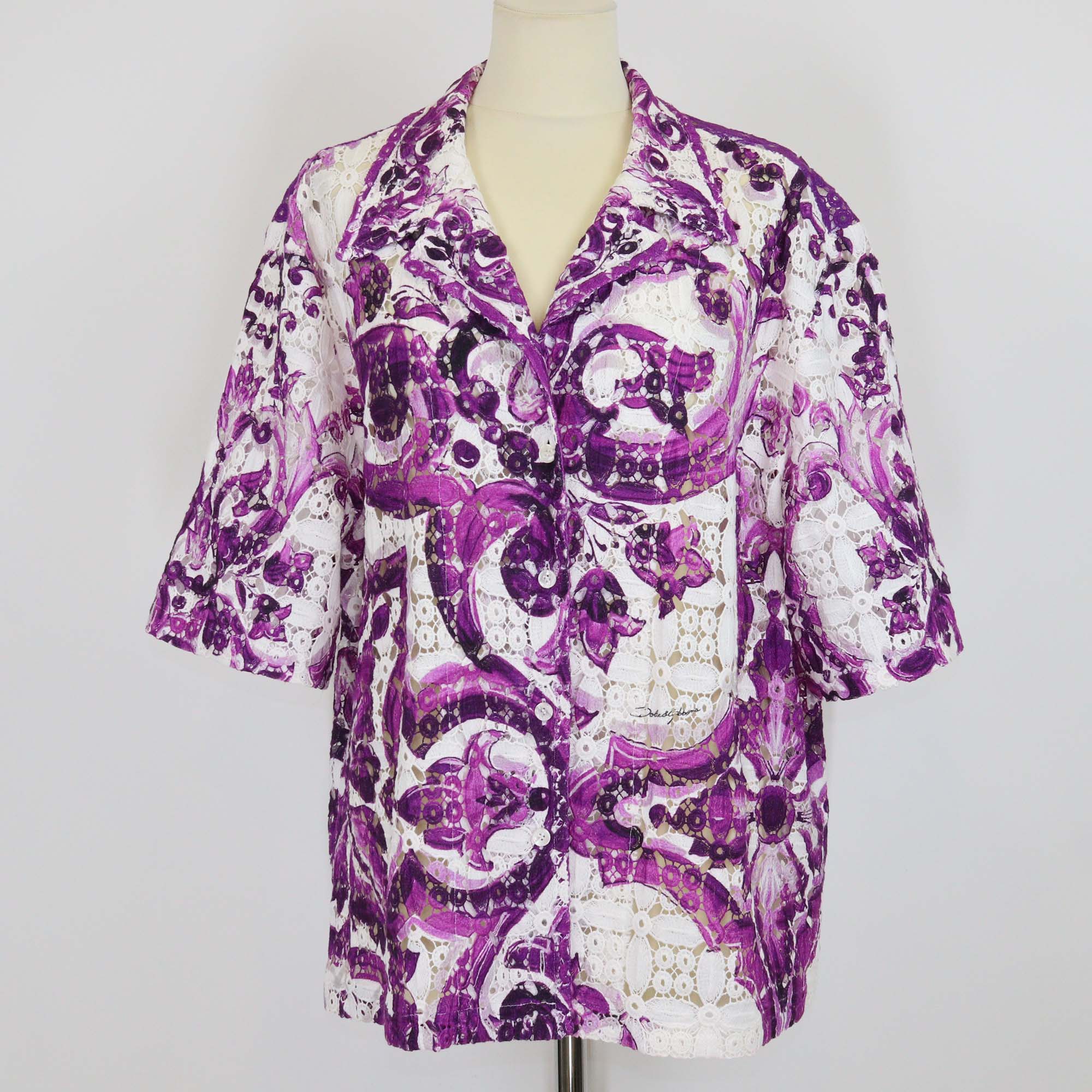 Dolce & Gabbana Purple/White Cotton Majolica Print Crochet Lace Shirt