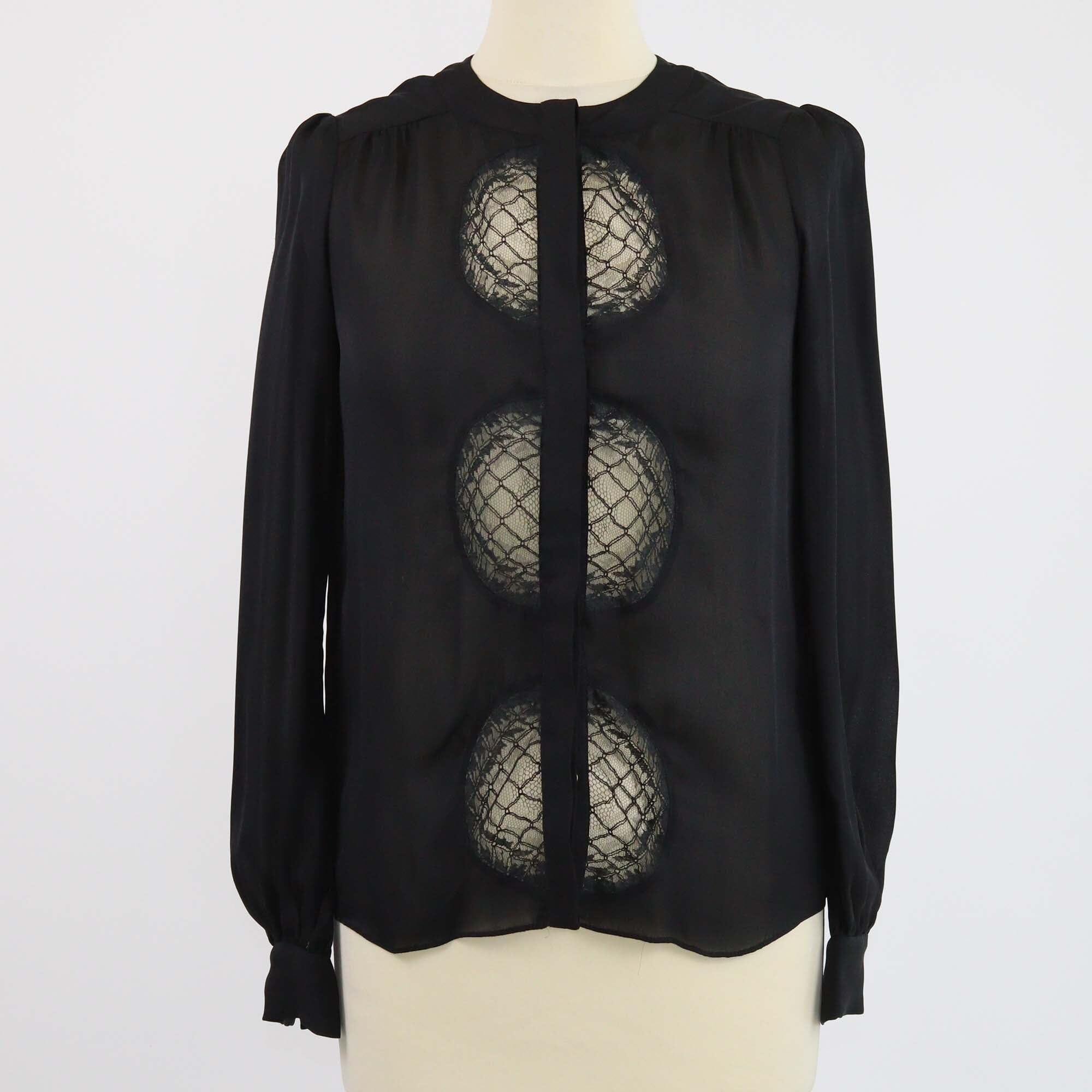 Diane Von Furstenberg Black Button Detailed Mesh Trimmed Shirt Womens Diane Von Furstenberg