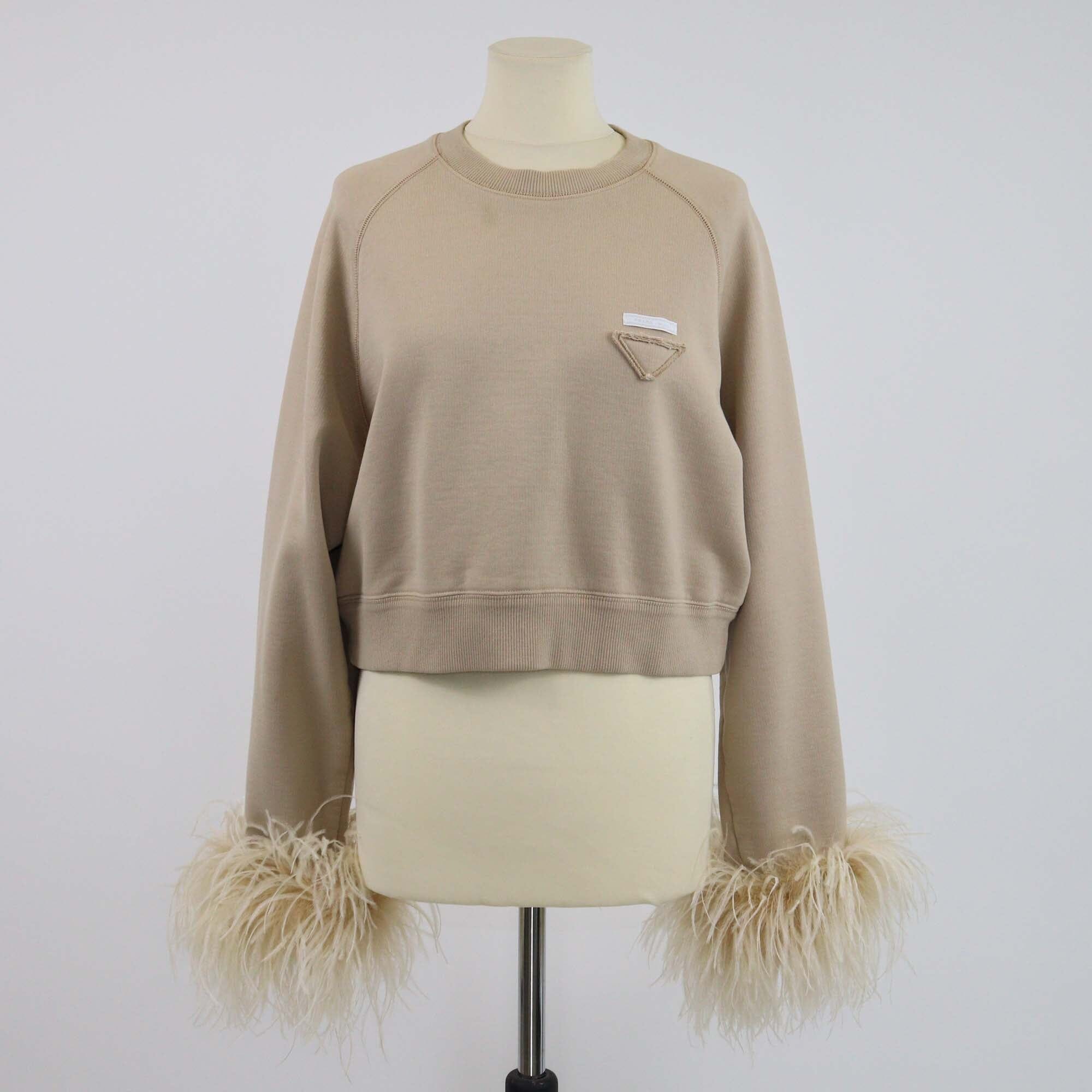 Prada Beige Feather Trimmed Long Sleeve Sweat Shirt Womens Prada