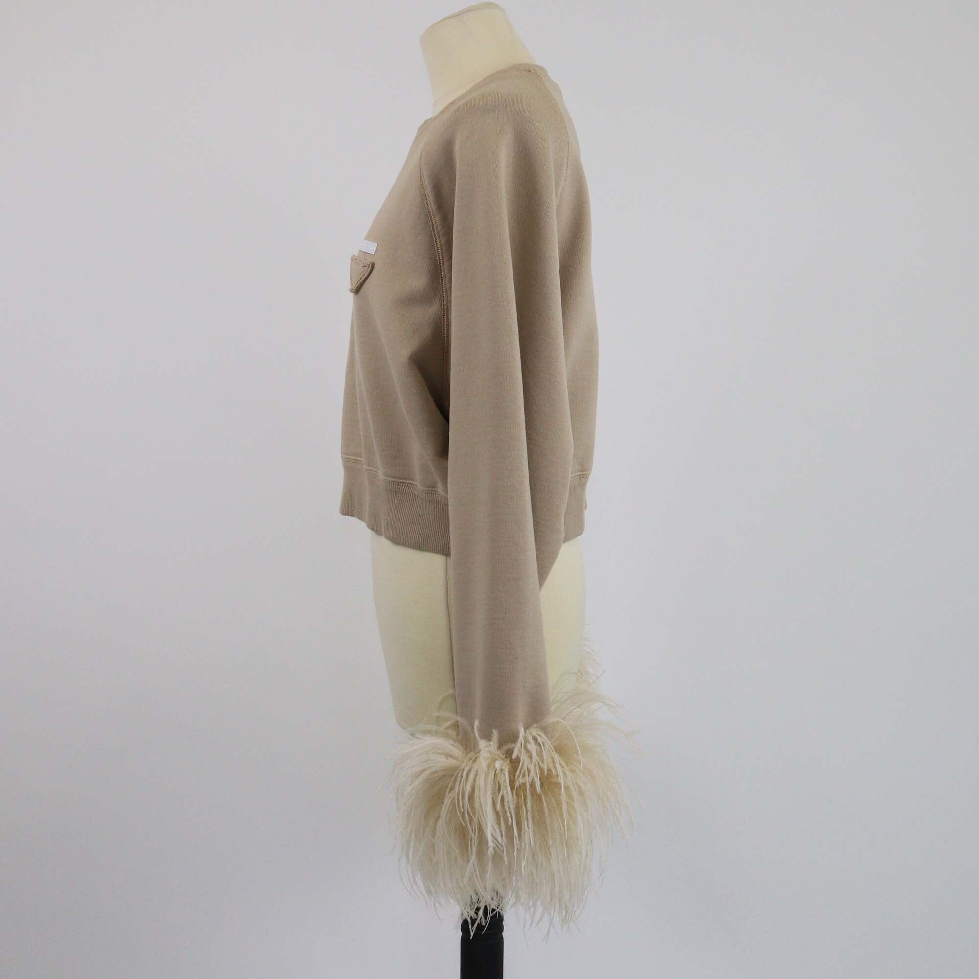 Prada Beige Feather Trimmed Long Sleeve Sweat Shirt Womens Prada