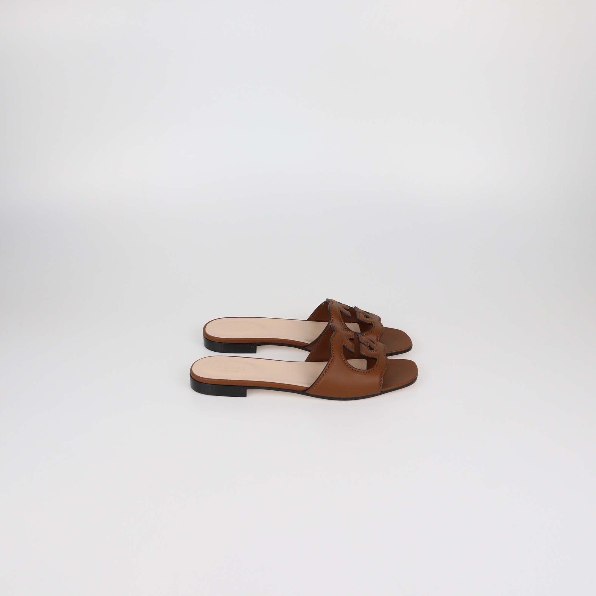 Gucci Brown Leather Interlocking G Cut Out Flat Slides