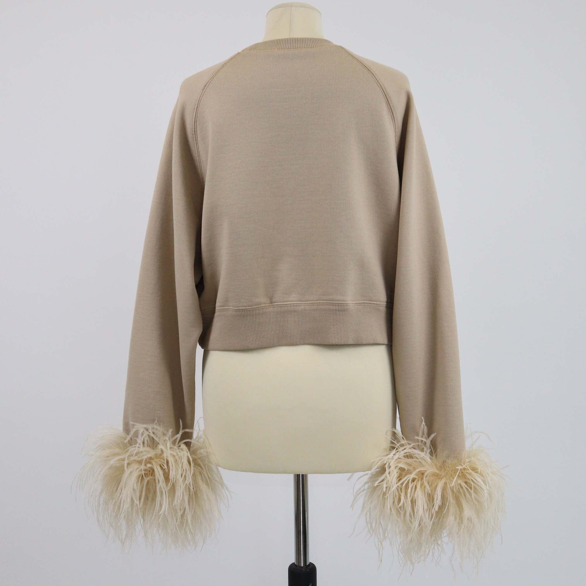 Prada Beige Feather Trimmed Long Sleeve Sweat Shirt Womens Prada