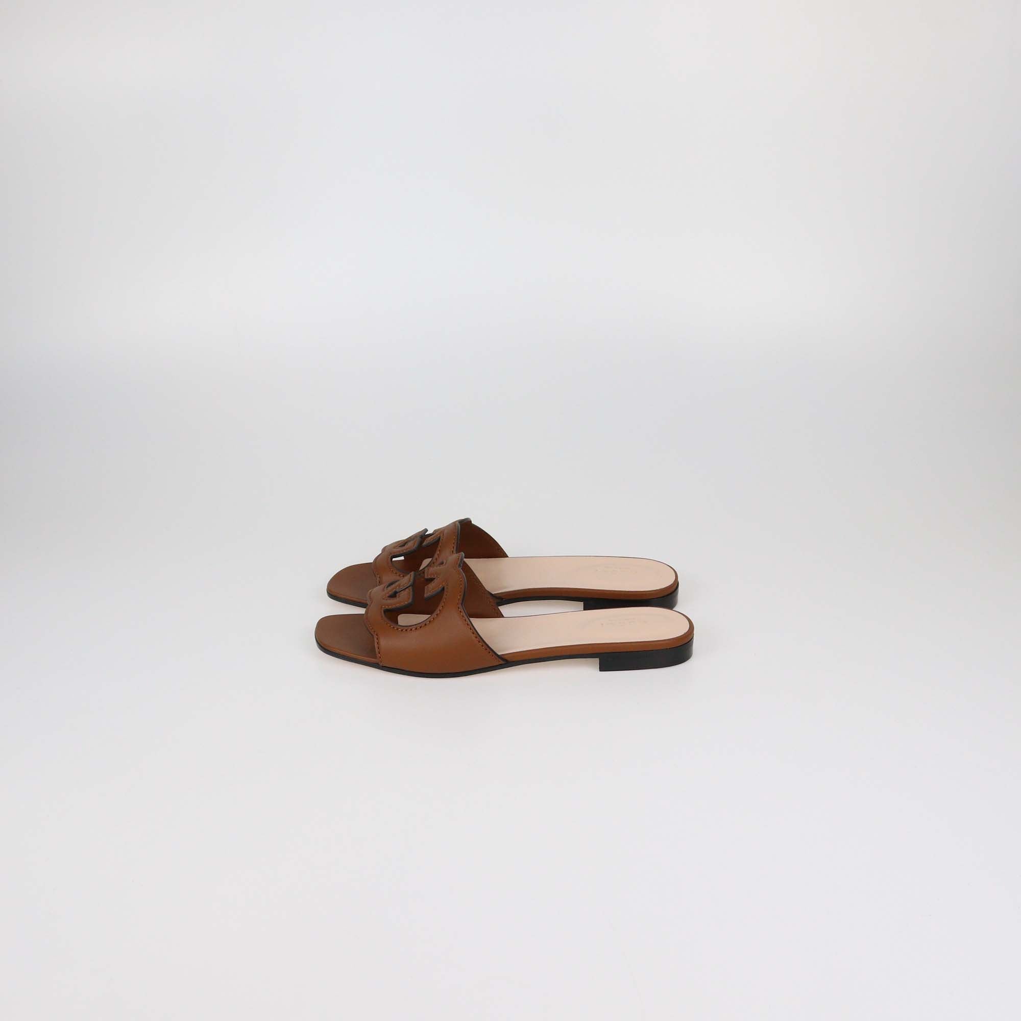 Gucci Brown Leather Interlocking G Cut Out Flat Slides
