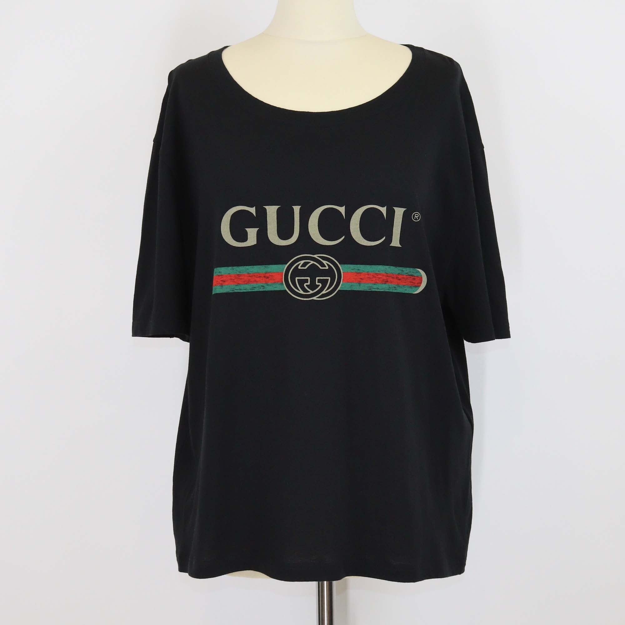 Gucci Black Cotton Logo Web Printed T Shirt