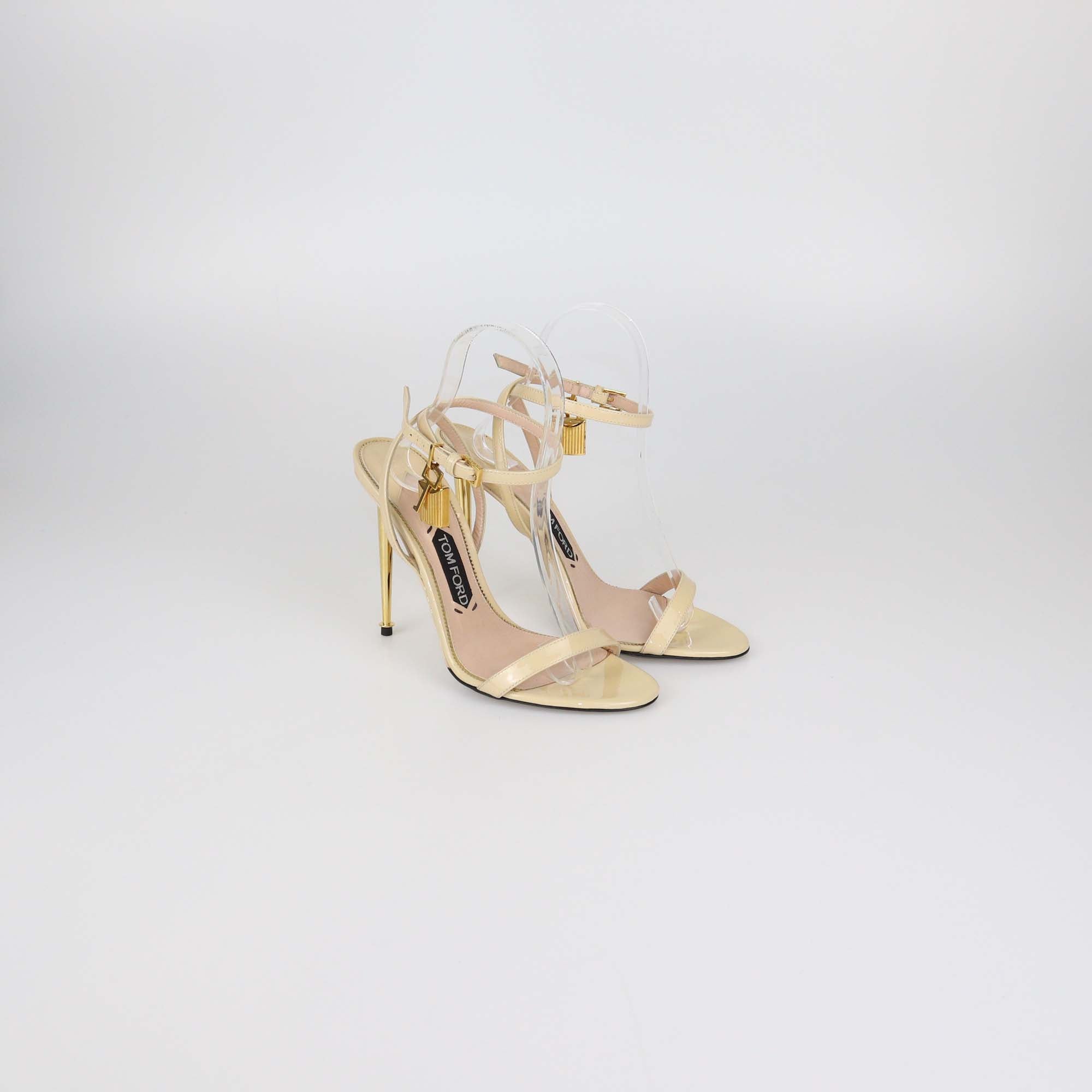 Tom Ford Cream Patent Leather Padlock Ankle Strap Sandals