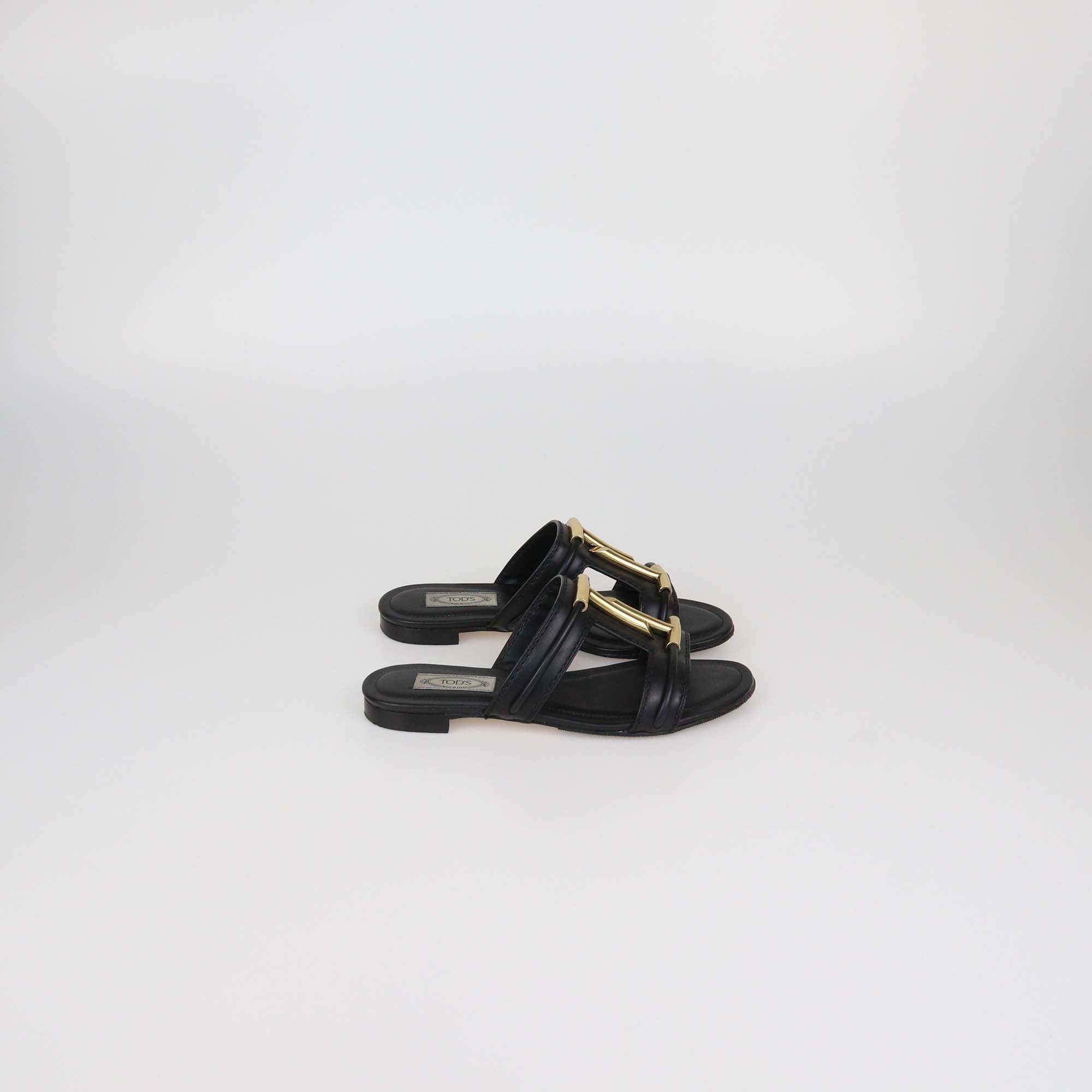 Tod's Black Leather Double-T Slide Flats