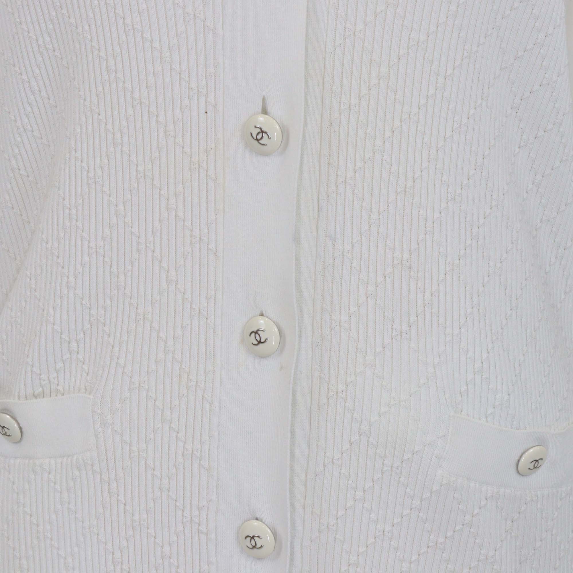 Chanel White Cotton Diamond Quilt CC Button Long Cardigan