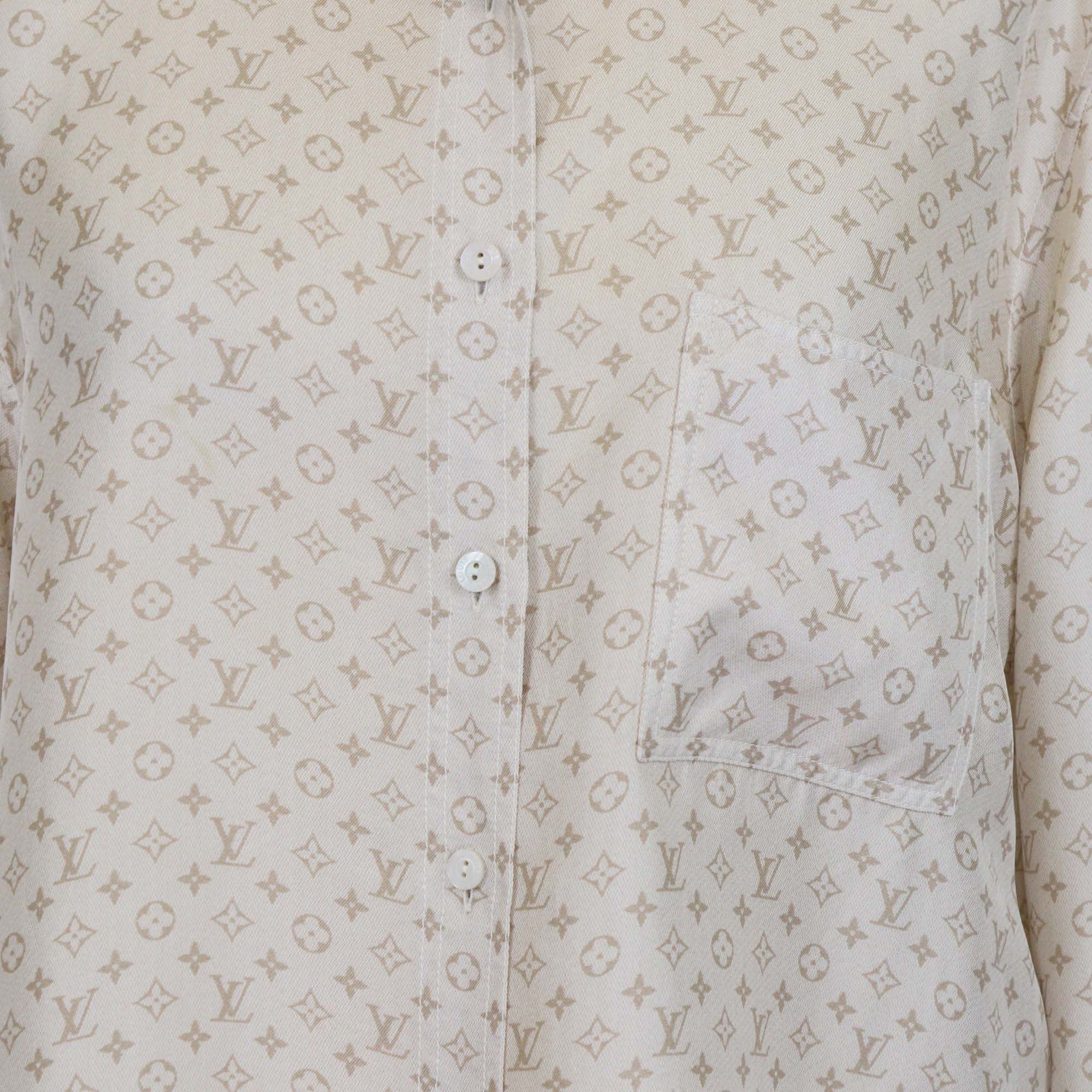 Louis Vuitton Beige Silk Monogram Button Up Long Sleeve Shirt