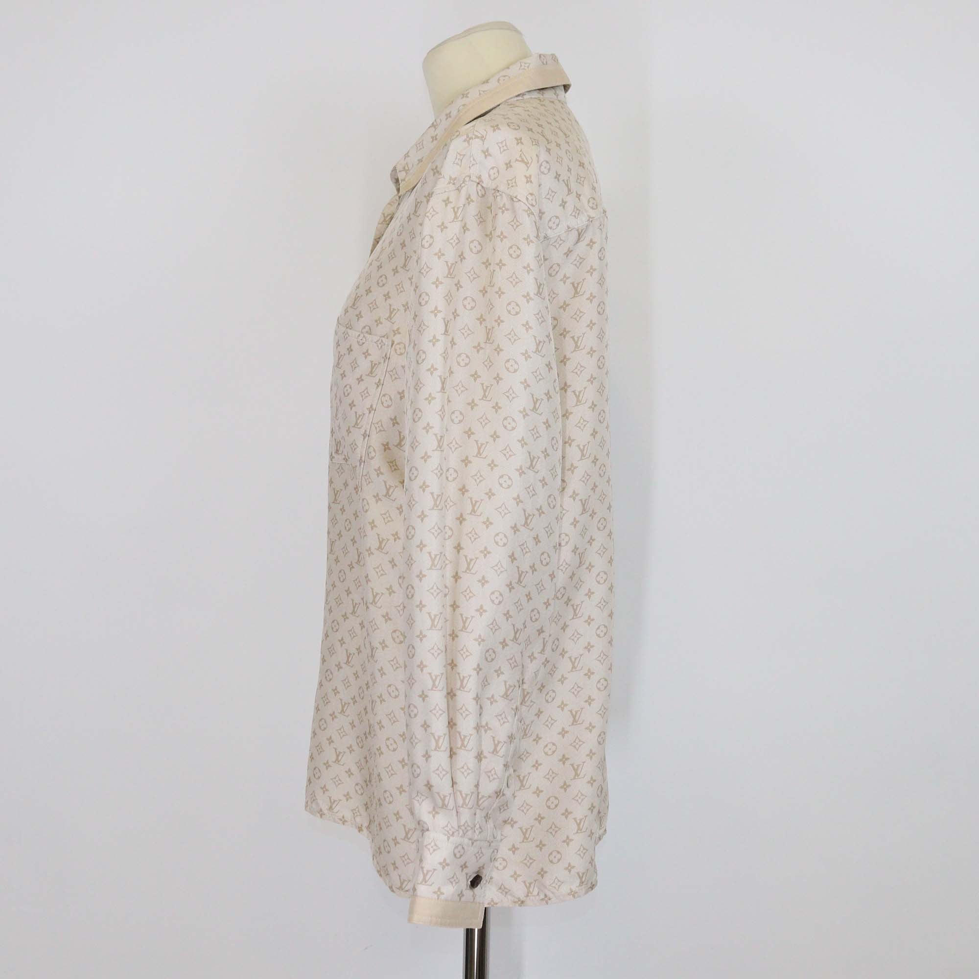 Louis Vuitton Beige Silk Monogram Button Up Long Sleeve Shirt