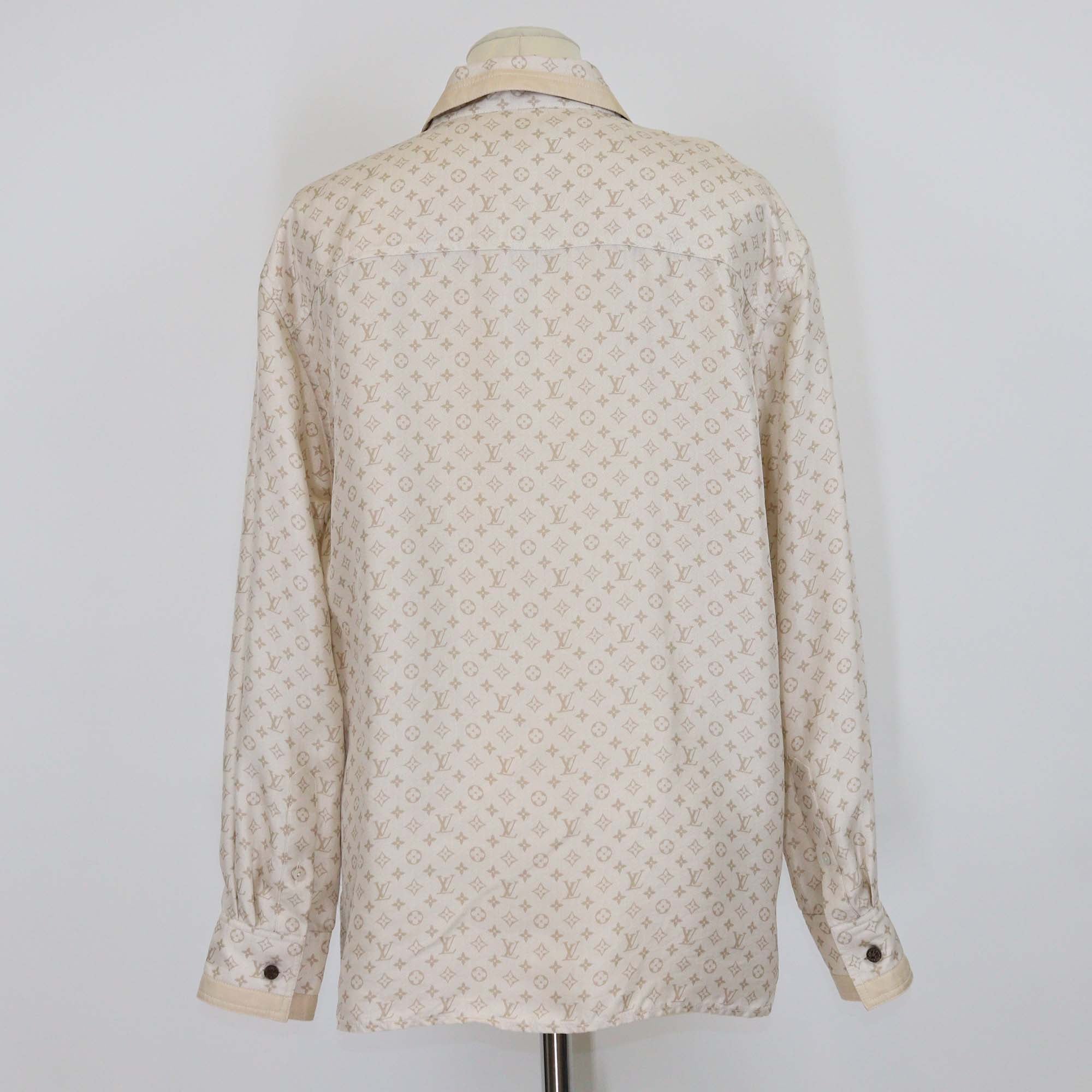 Louis Vuitton Beige Silk Monogram Button Up Long Sleeve Shirt