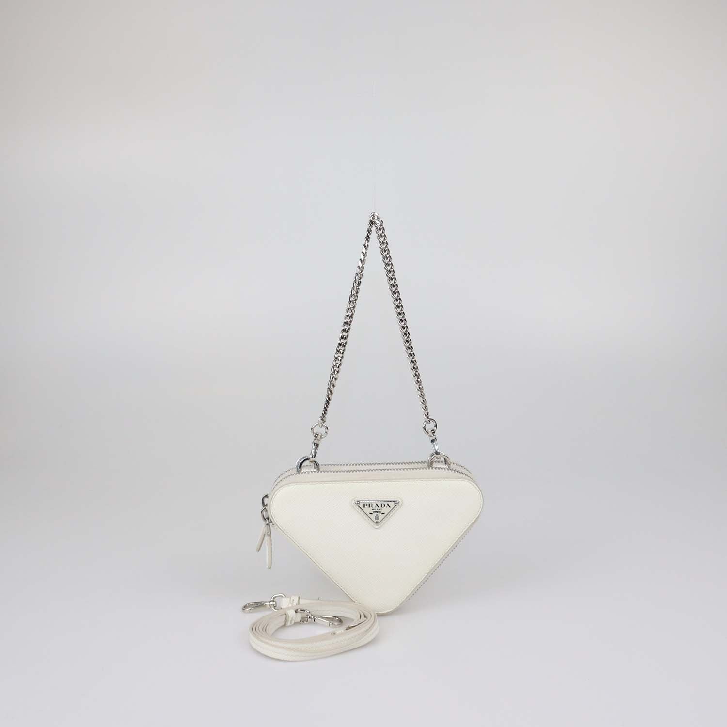 Prada White Saffiano Leather Mini Double Triangle Crossbody Bag