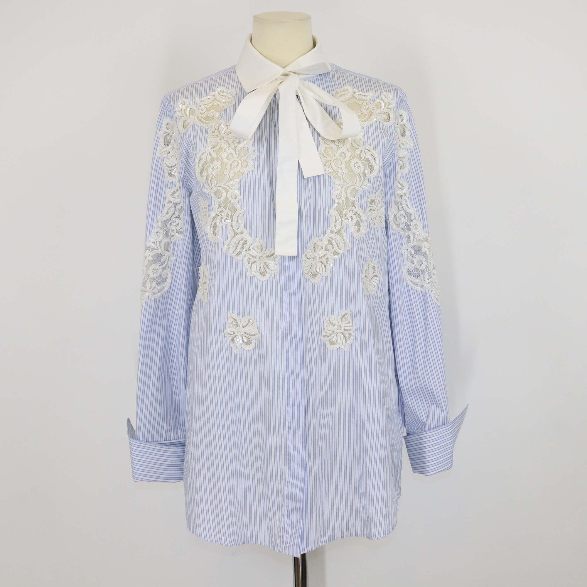 Valentino Blue/White Cotton Striped Lace & Sequins Detail Long Sleeve Shirt