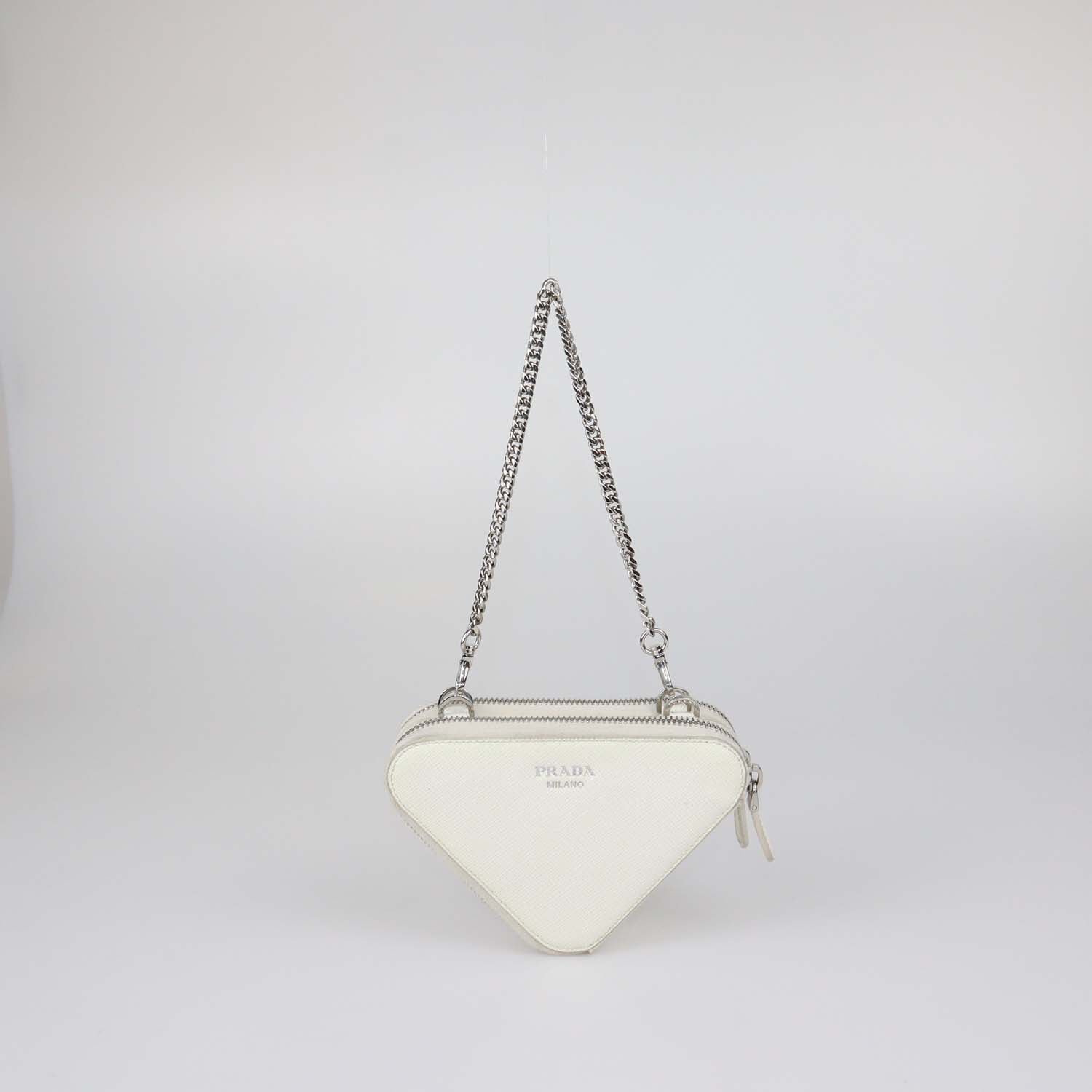 Prada White Saffiano Leather Mini Double Triangle Crossbody Bag