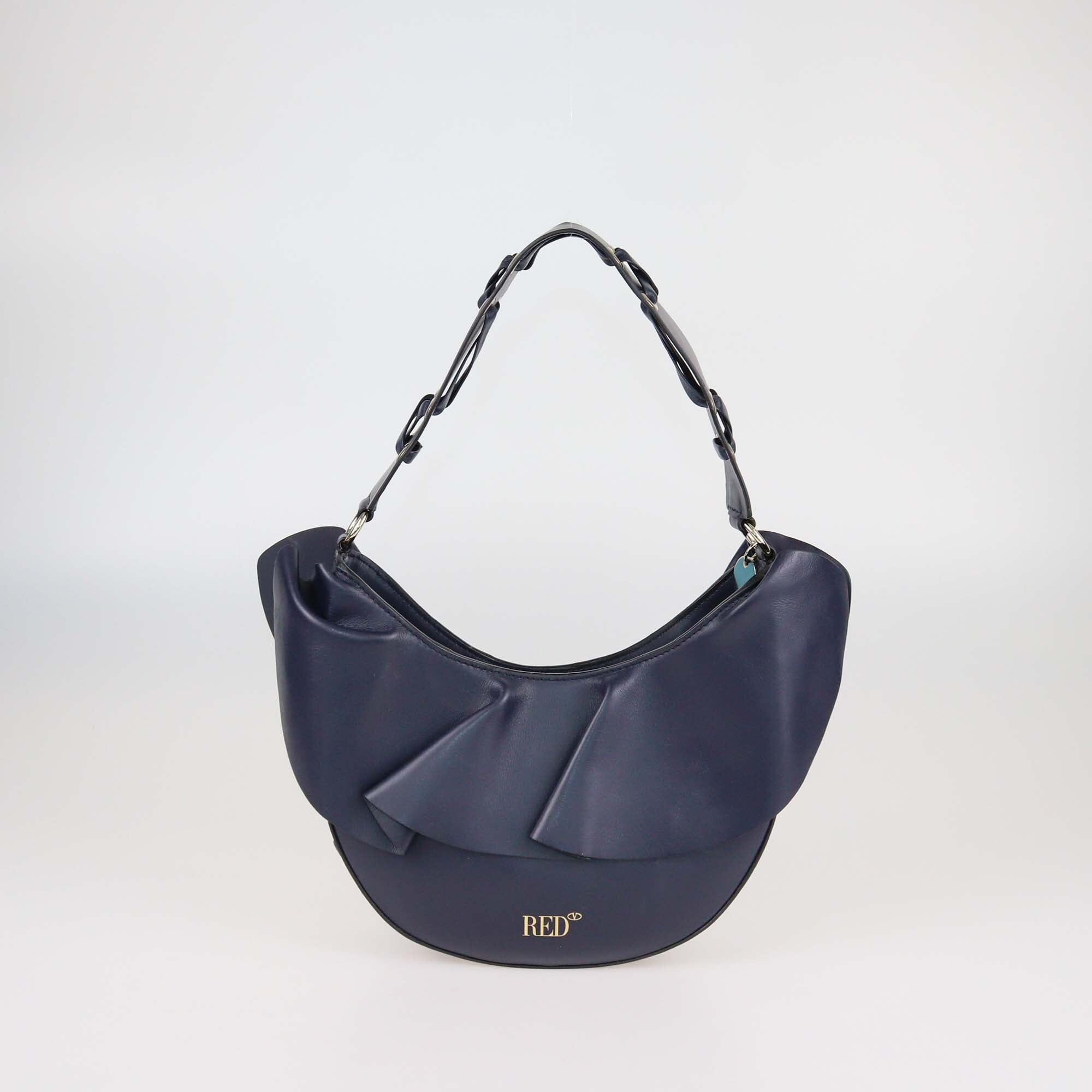 RED Valentino Navy Blue Leather Detailed Raffled Hobo Womens Red Valentino