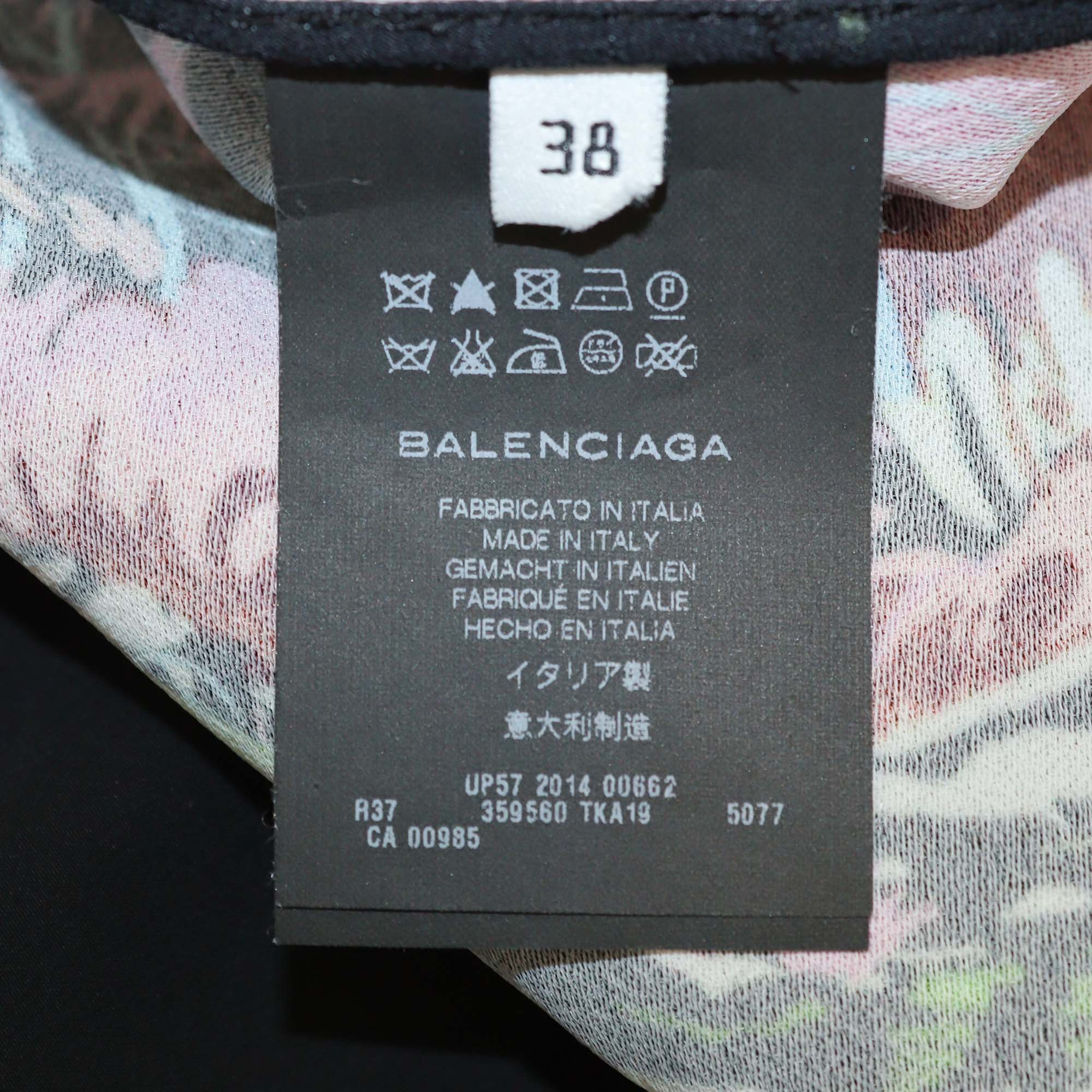 Balenciaga Black/Multicolor Rayon Forest Print Short Sleeve Midi Dress w/Belt