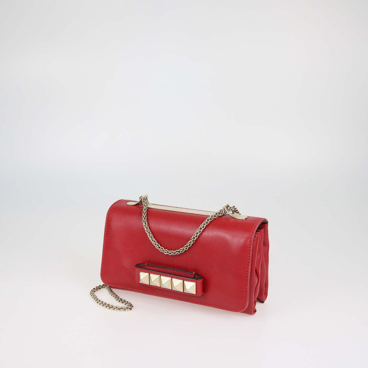 Valentino Red Leather Rockstud Va Va Voom Chain Clutch