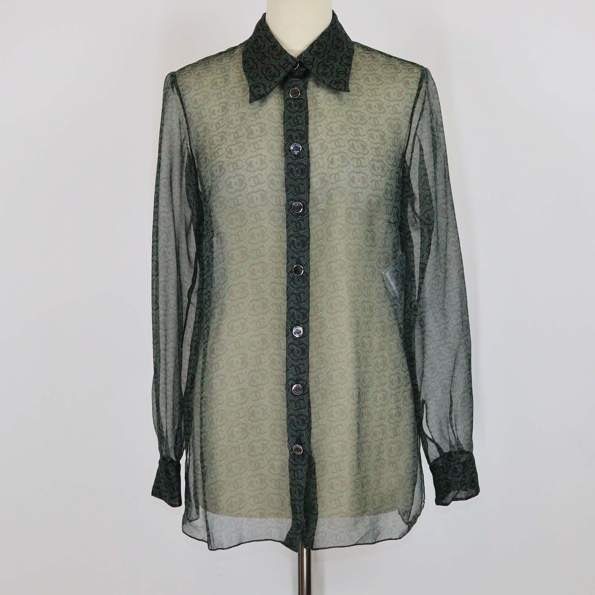 Chanel Green/Black Blend Silk CC Overall Button Organza Shirt