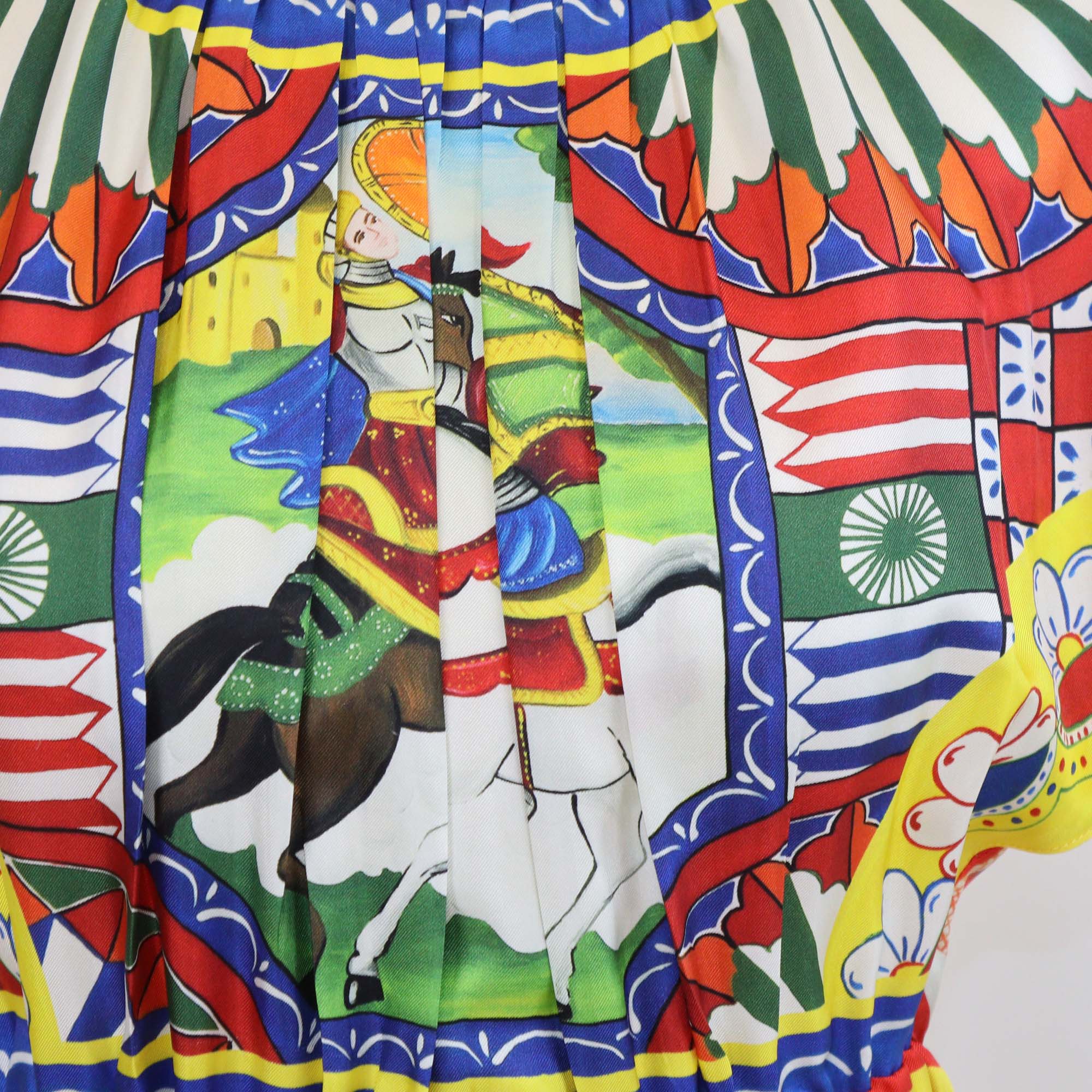 Dolce & Gabbana Multicolor Silk Carreto Print Pleated Midi Dress