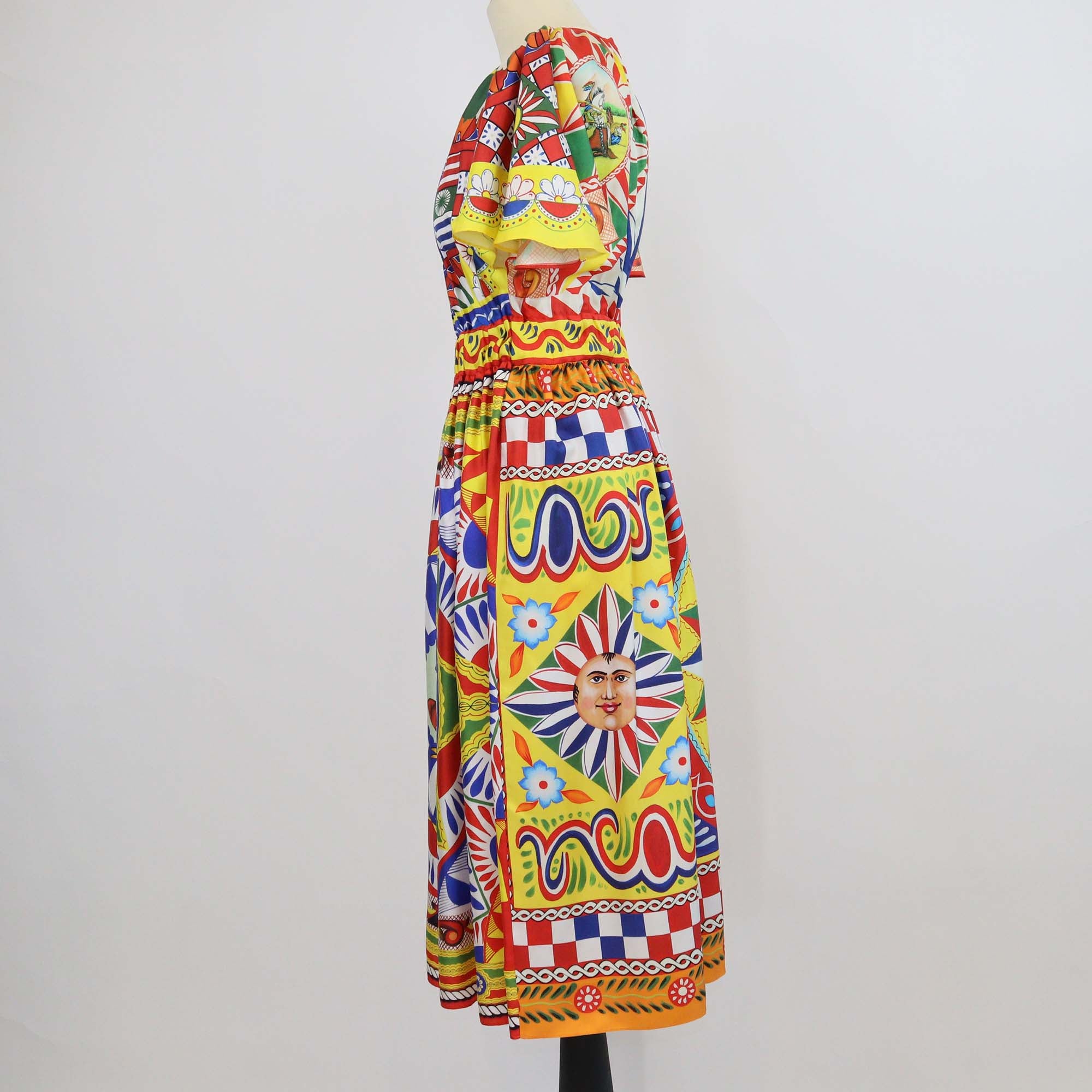 Dolce & Gabbana Multicolor Silk Carreto Print Pleated Midi Dress