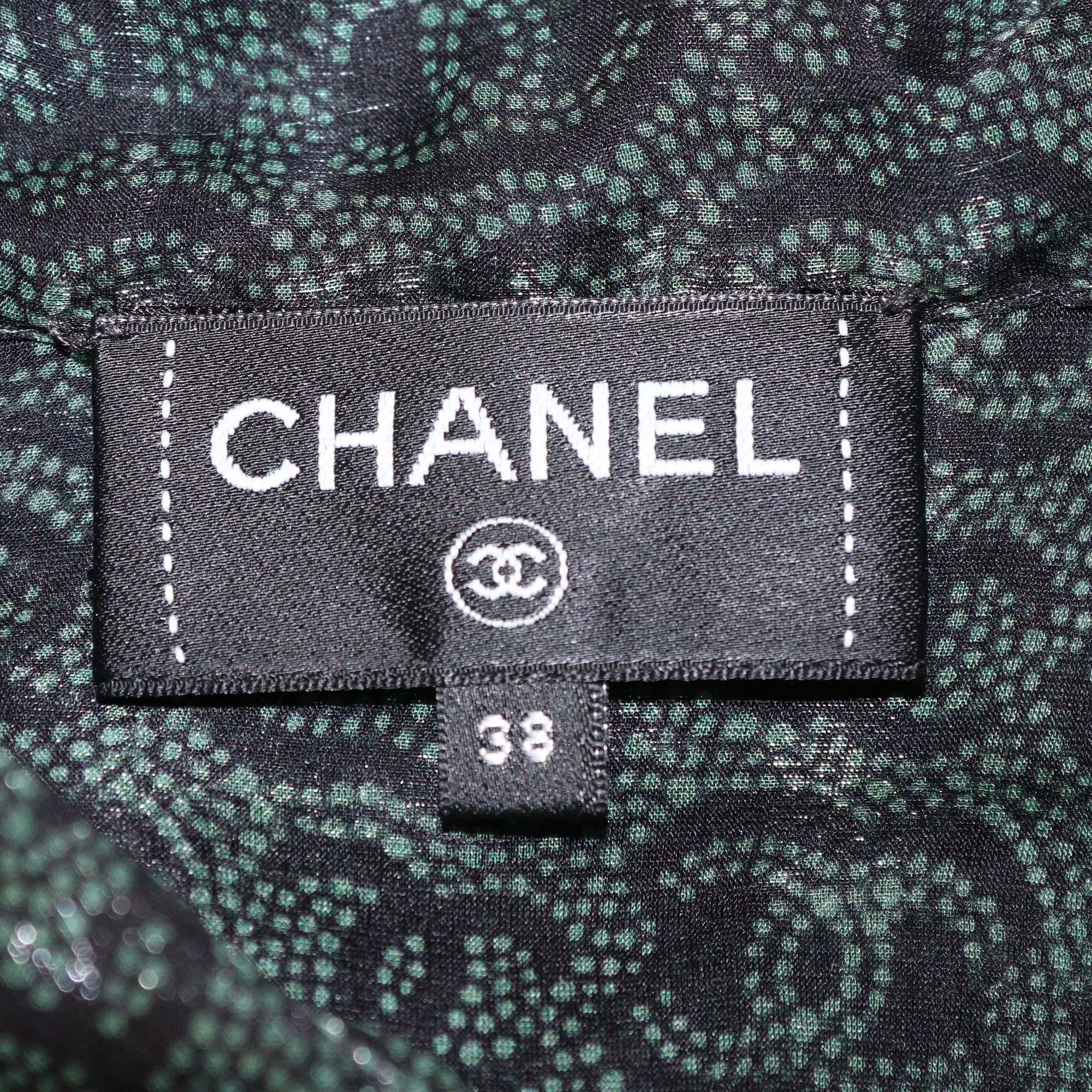 Chanel Green/Black Blend Silk CC Overall Button Organza Shirt