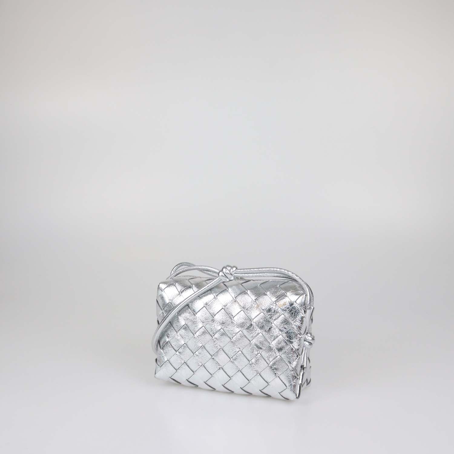 Bottega Veneta Silver Intreccio Leather Mini Loop Camera Bag