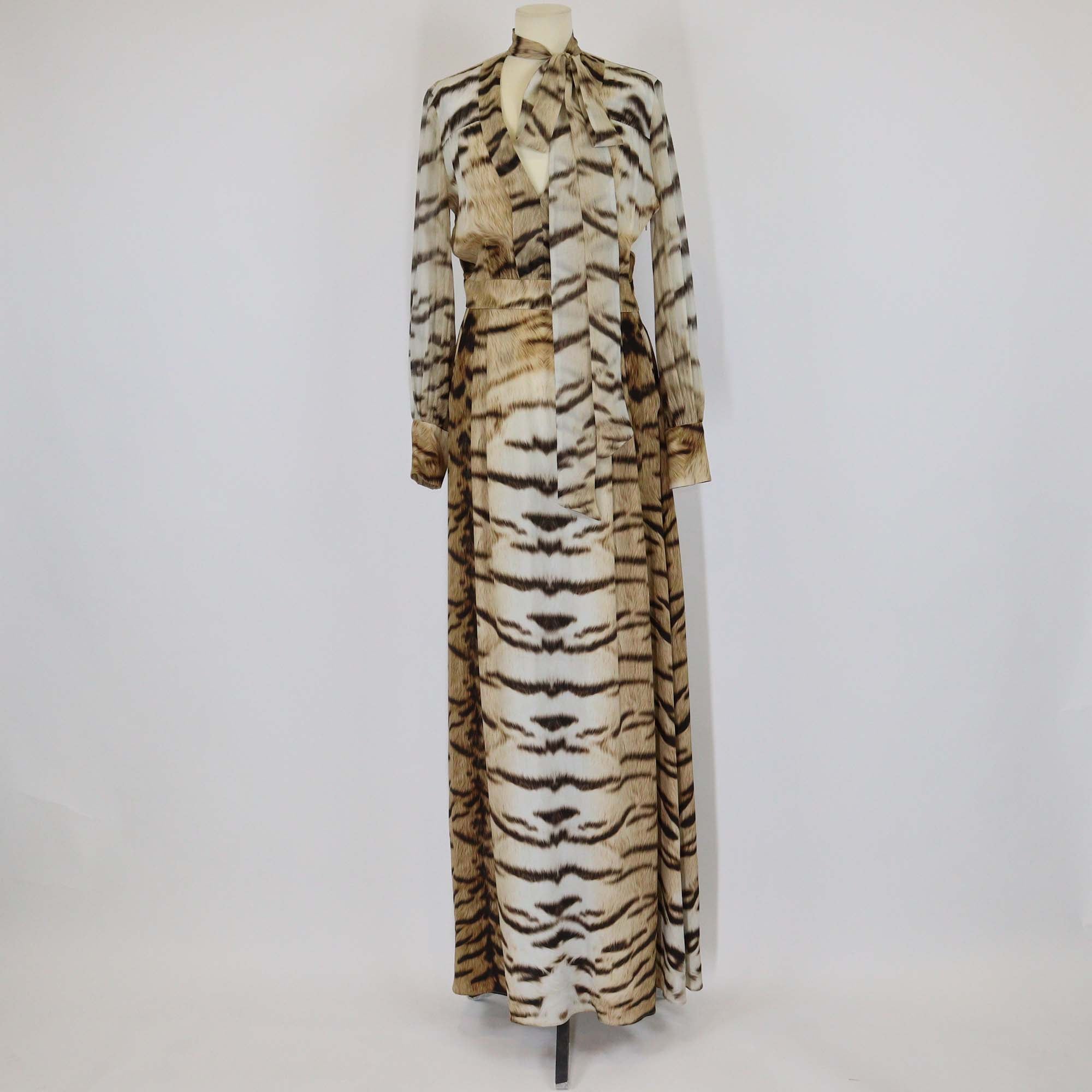 Roberto Cavalli Brown Silk Zebra Print V Neck Tie Maxi Dress