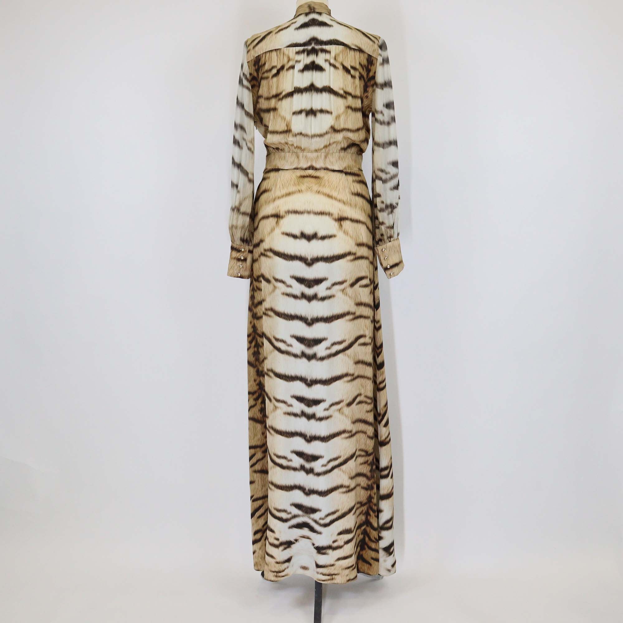 Roberto Cavalli Brown Silk Zebra Print V Neck Tie Maxi Dress