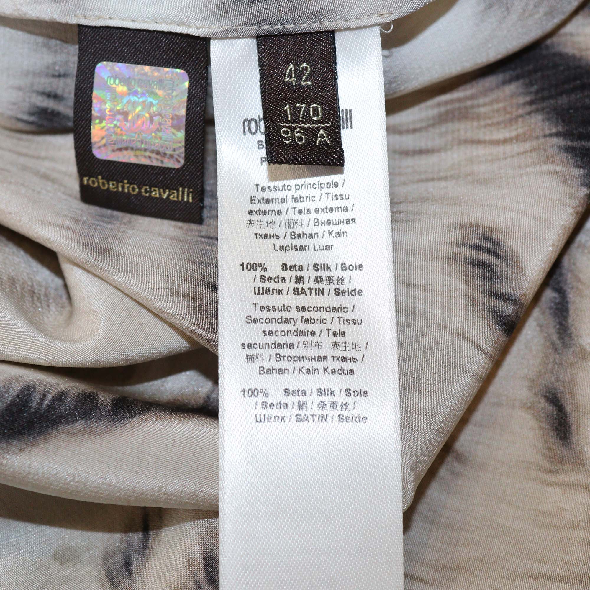 Roberto Cavalli Brown Silk Zebra Print V Neck Tie Maxi Dress