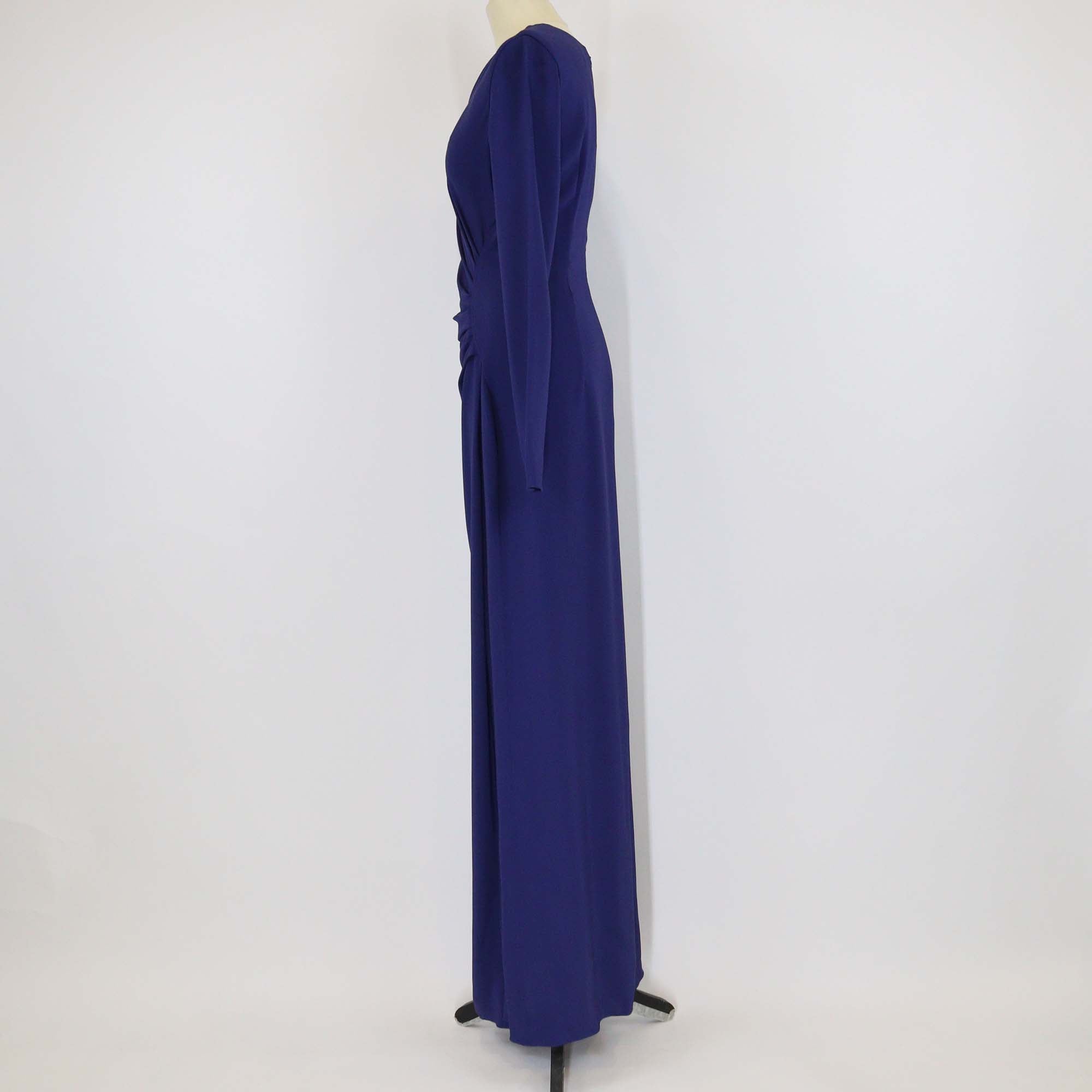Lanvin Dark Blue Viscose Pleated V Neck Long Sleeve Slit Maxi Dress