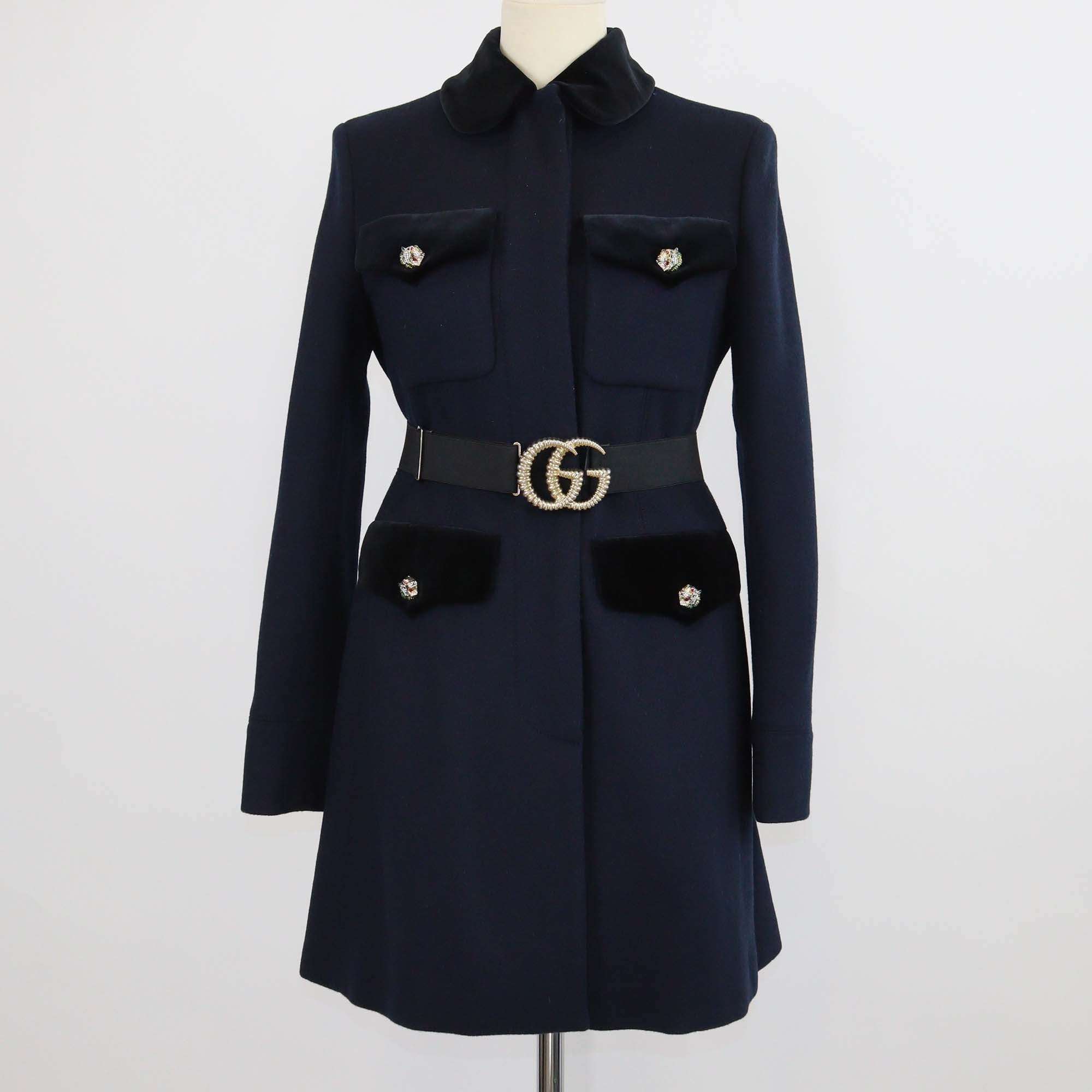 Gucci Navy Blue Wool Rajah Belted Coat