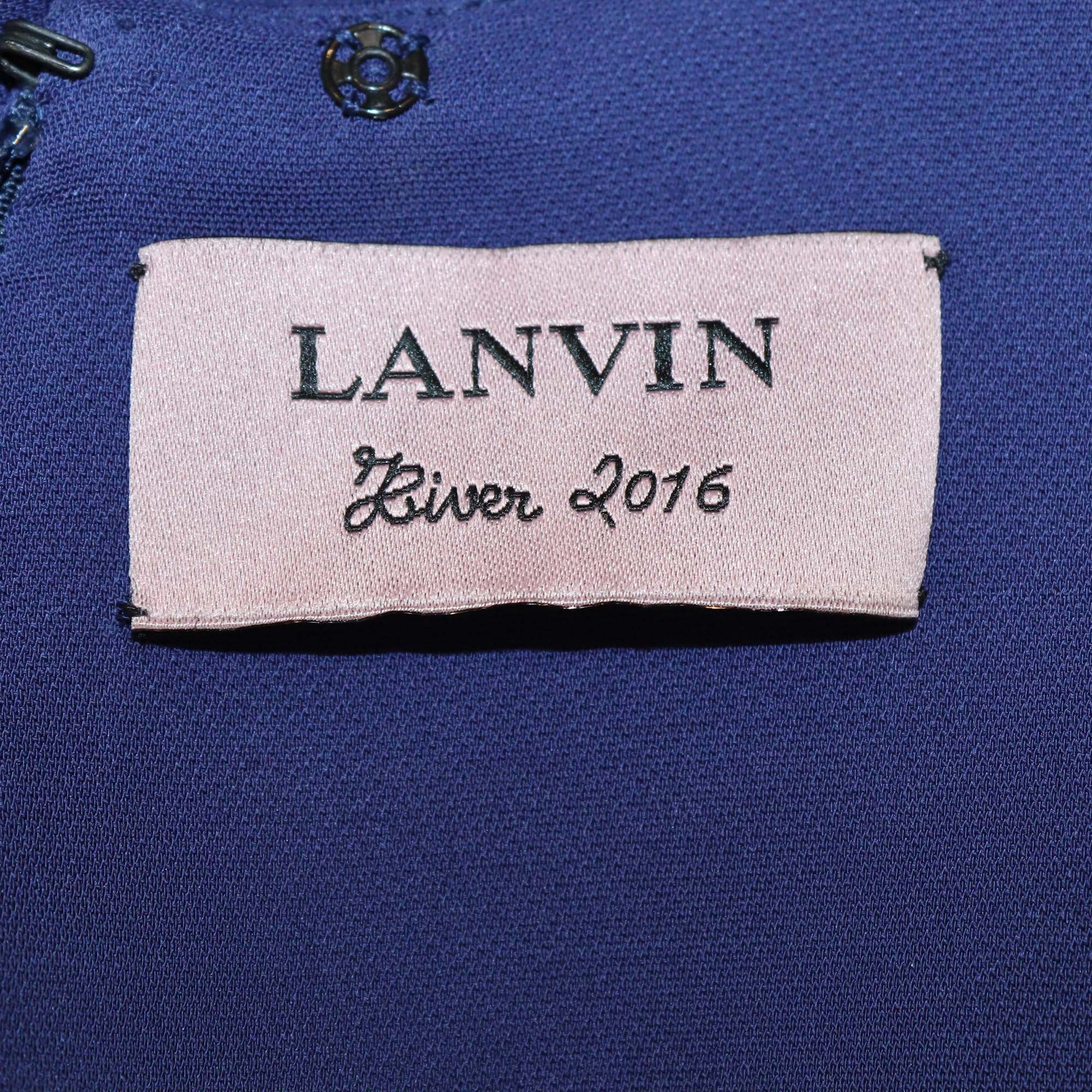 Lanvin Dark Blue Viscose Pleated V Neck Long Sleeve Slit Maxi Dress