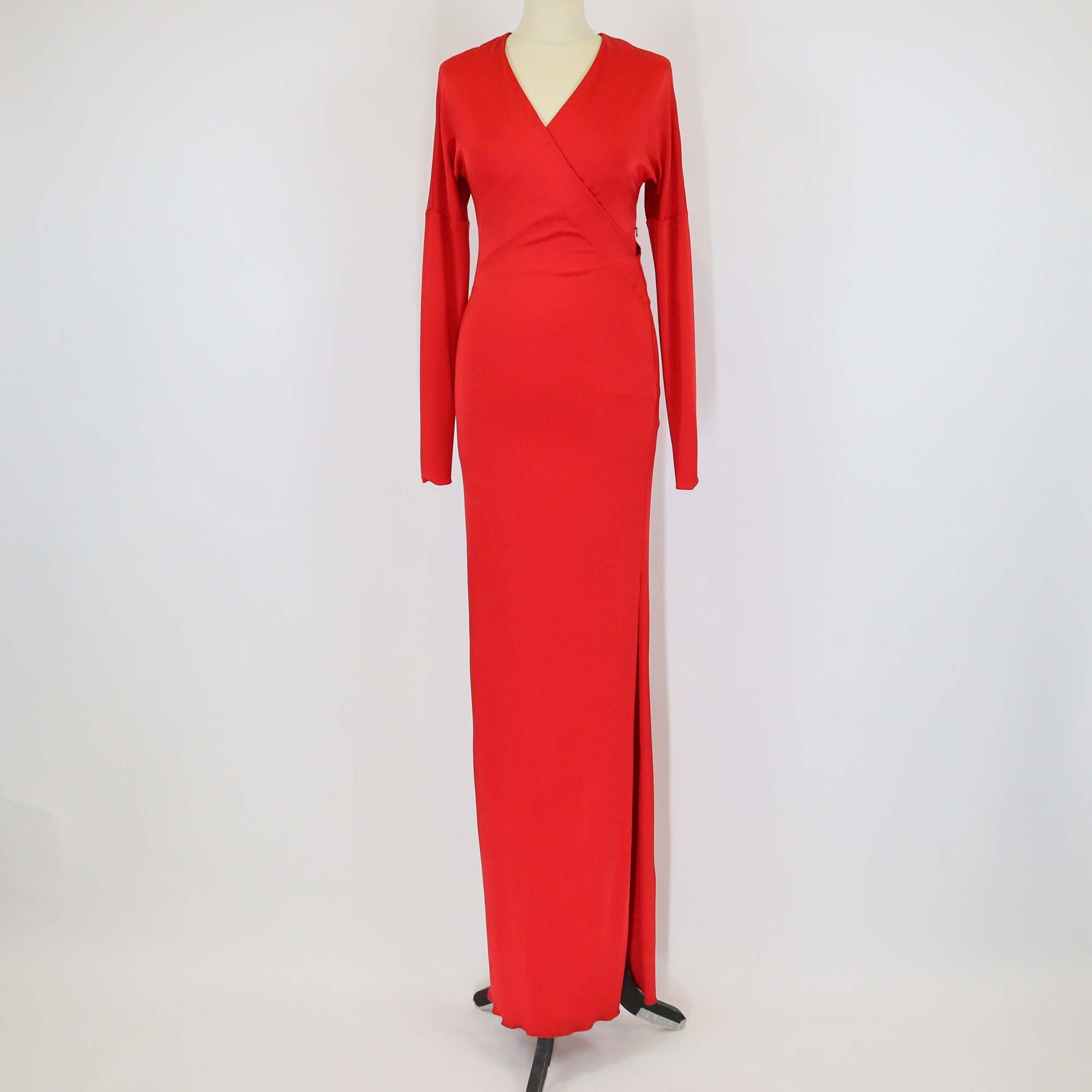 Blumarine Red Blend Viscose Open Back Long Sleeve Slit Maxi Dress