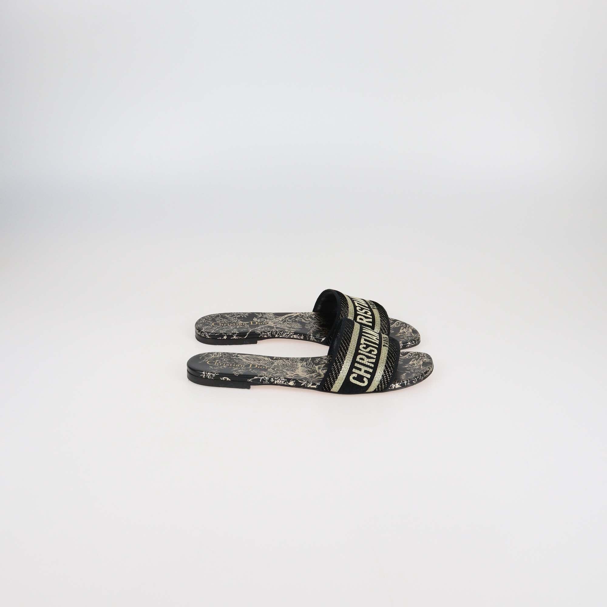 Christian Dior Black/Gold Animal Floral Print Dway Slides Womens Christian Dior