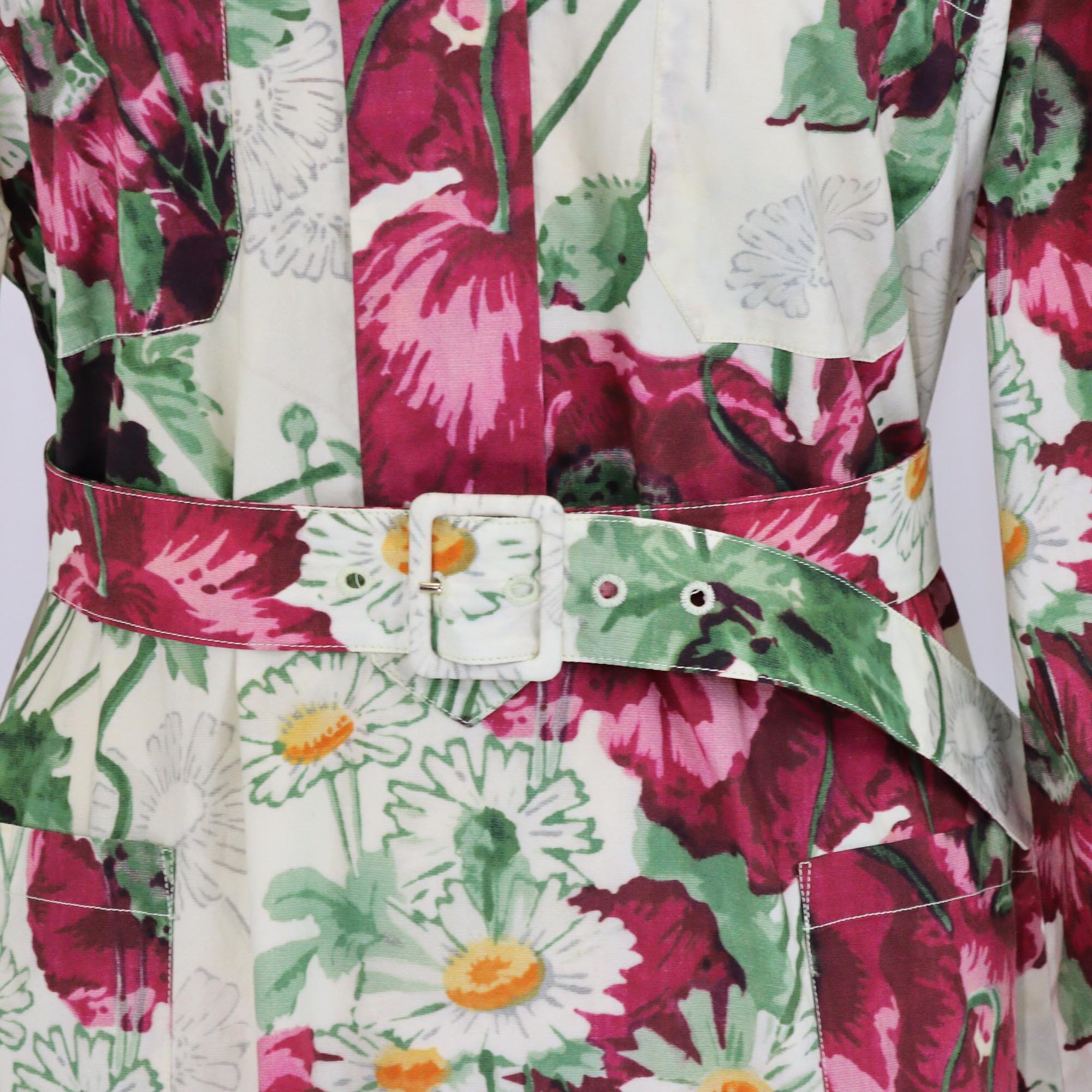 Gucci Multicolor Floral Poplin Belted Long Sleeve Maxi Dress Womens Gucci
