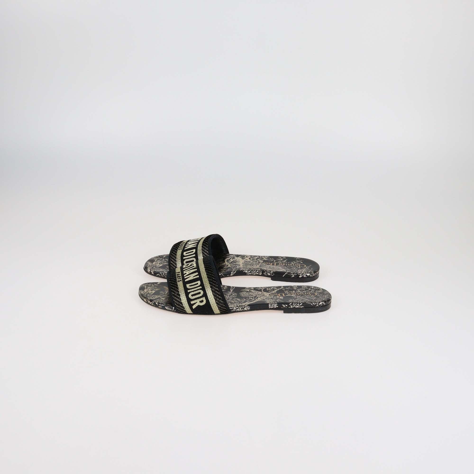 Christian Dior Black/Gold Animal Floral Print Dway Slides Womens Christian Dior