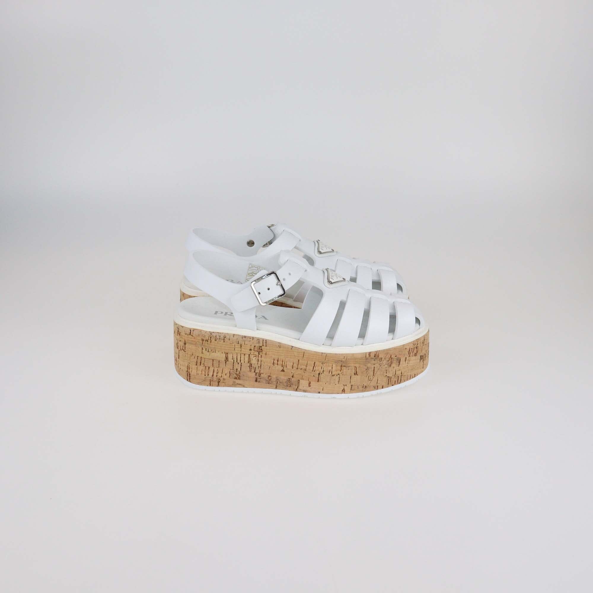 Prada White Rubber Monolith Cork Platform Ankle Strap Sandals Womens Prada