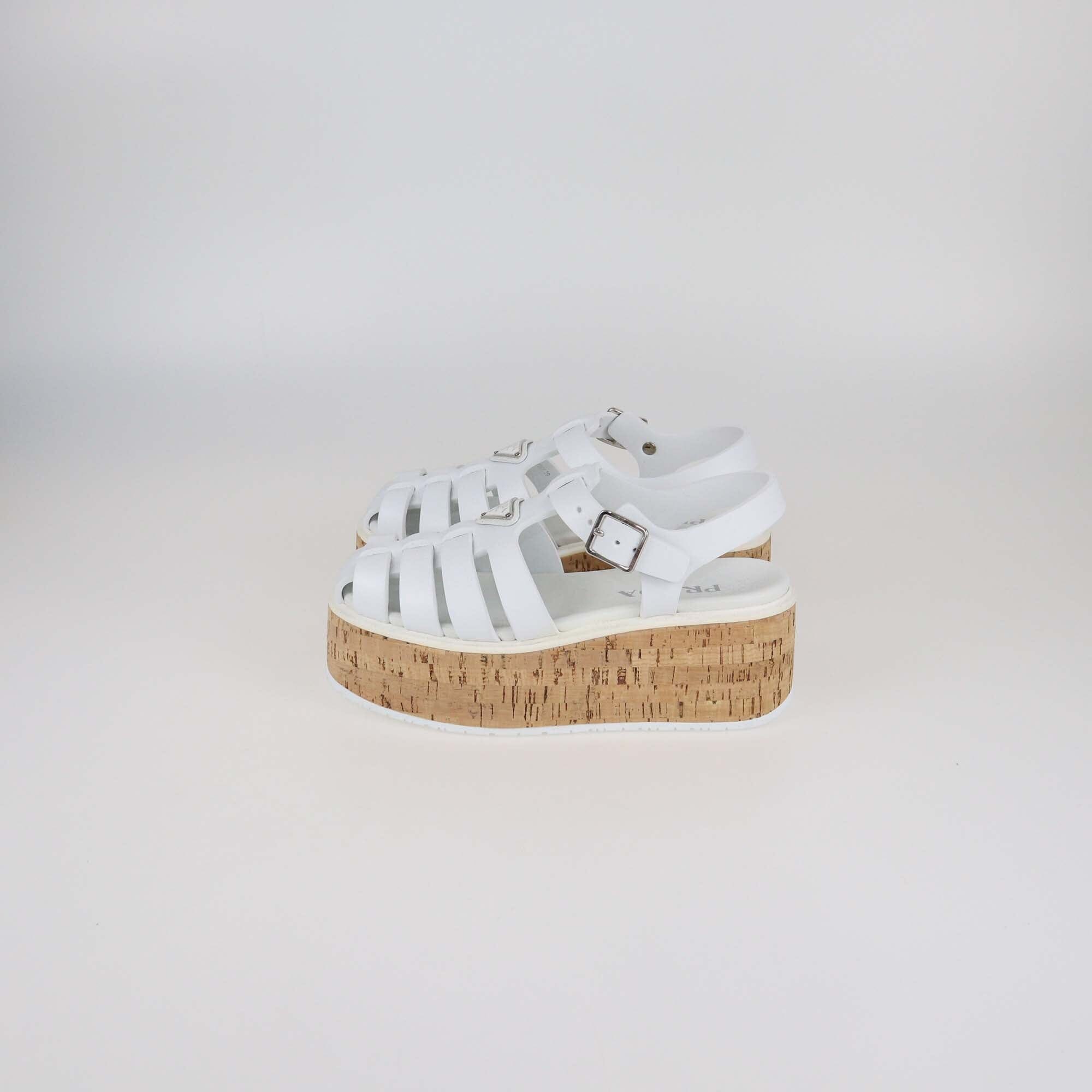 Prada White Rubber Monolith Cork Platform Ankle Strap Sandals Womens Prada