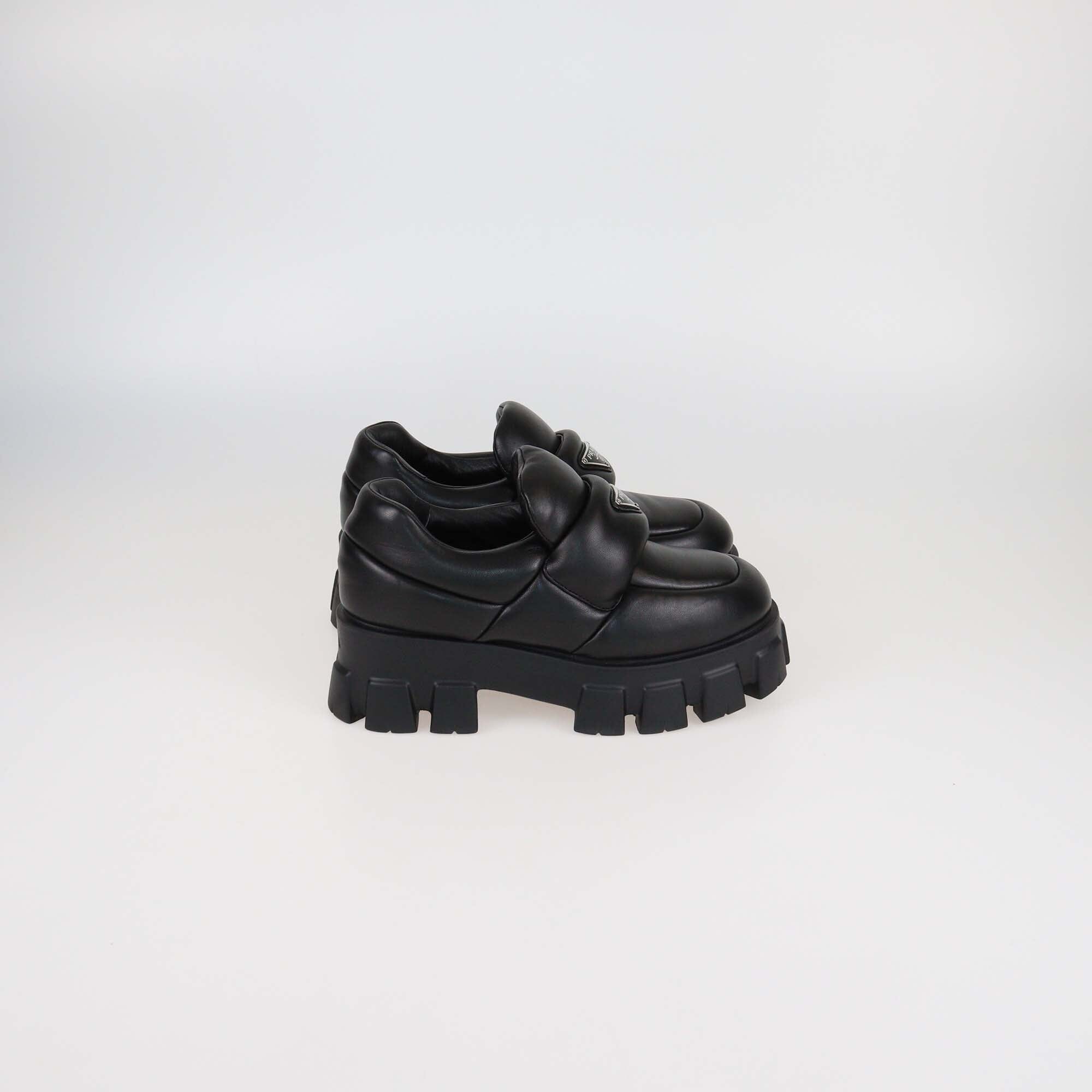 Prada Black Leather Soft Padded Platform Oxford Loafers Womens Prada