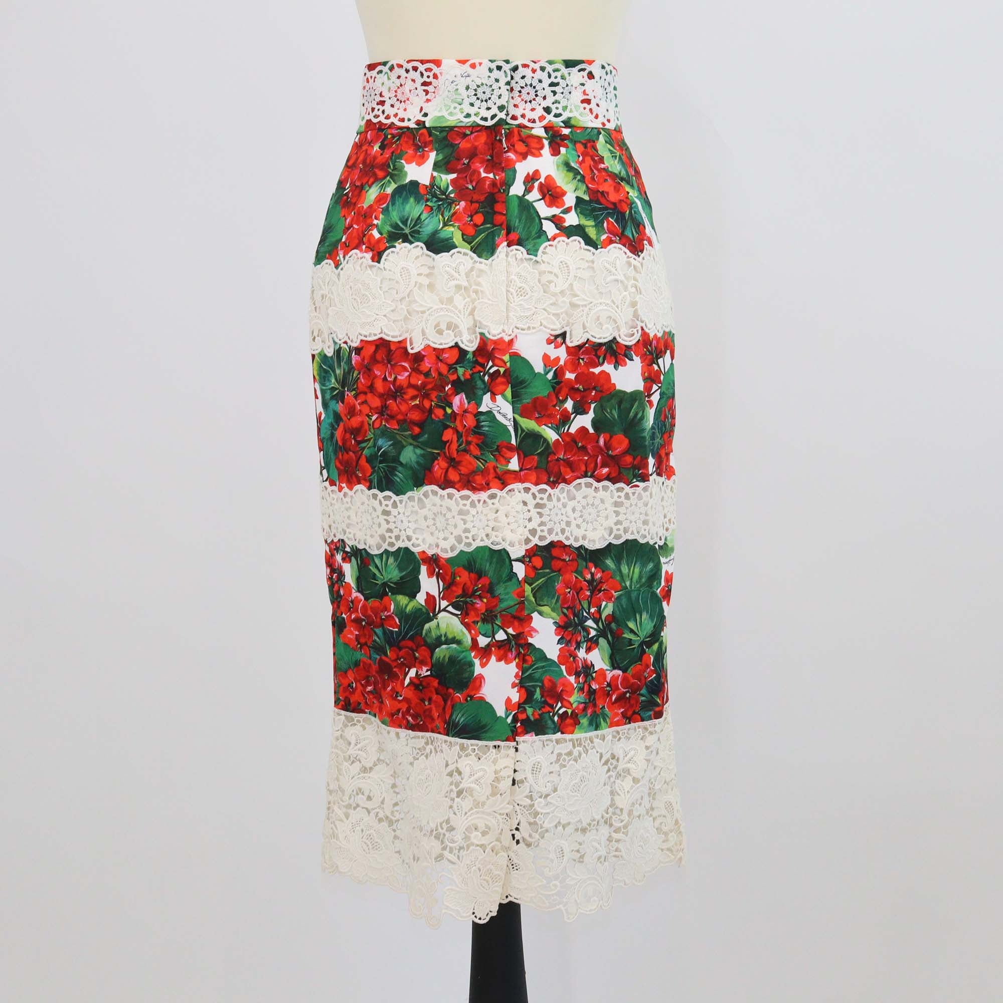 Dolce & Gabbana Multicolor Blend Cotton Floral Print Lace Trim Midi Skirt